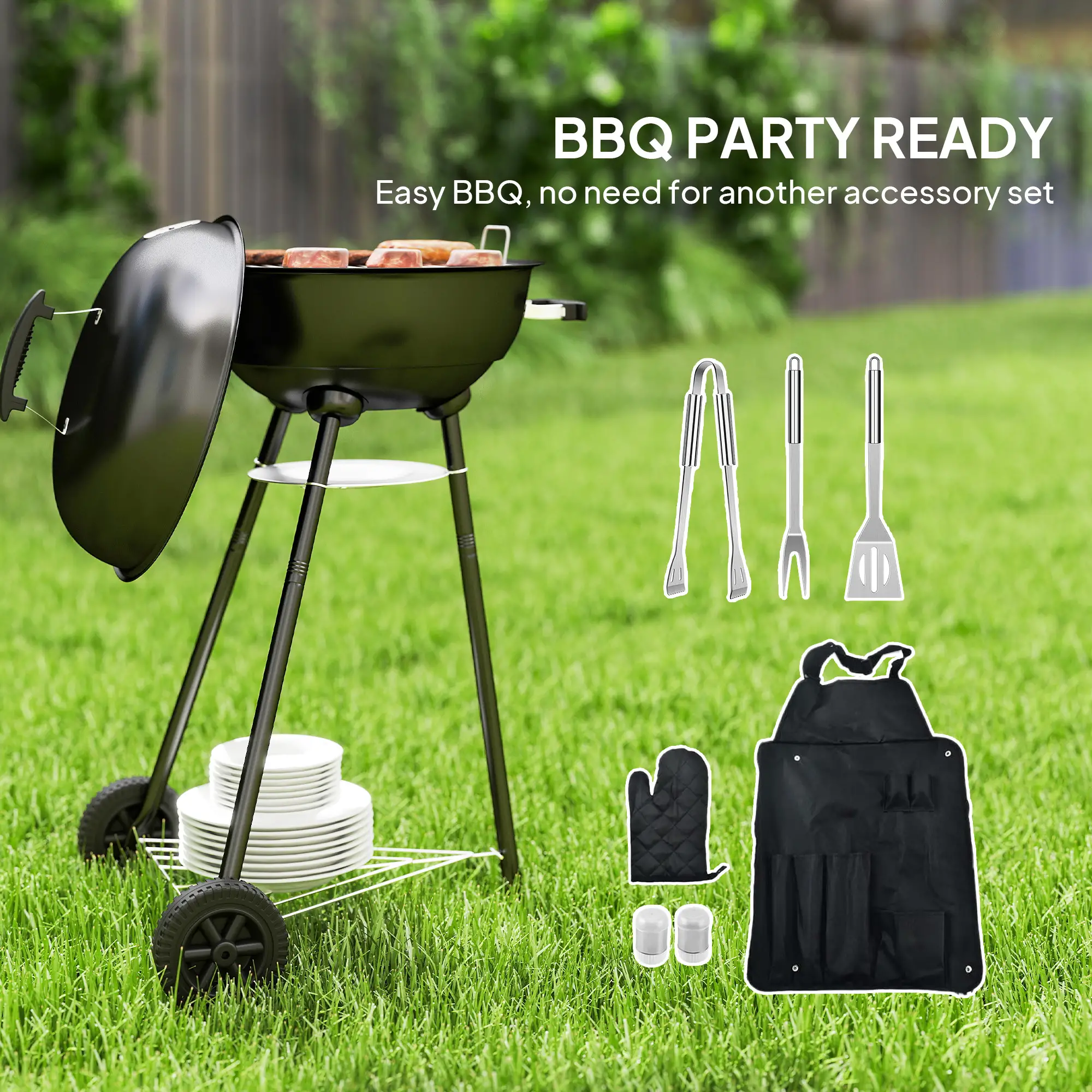 17" Charcoal BBQ Grill With Shelf, Ash Catcher, Wheels, Black - Image 5