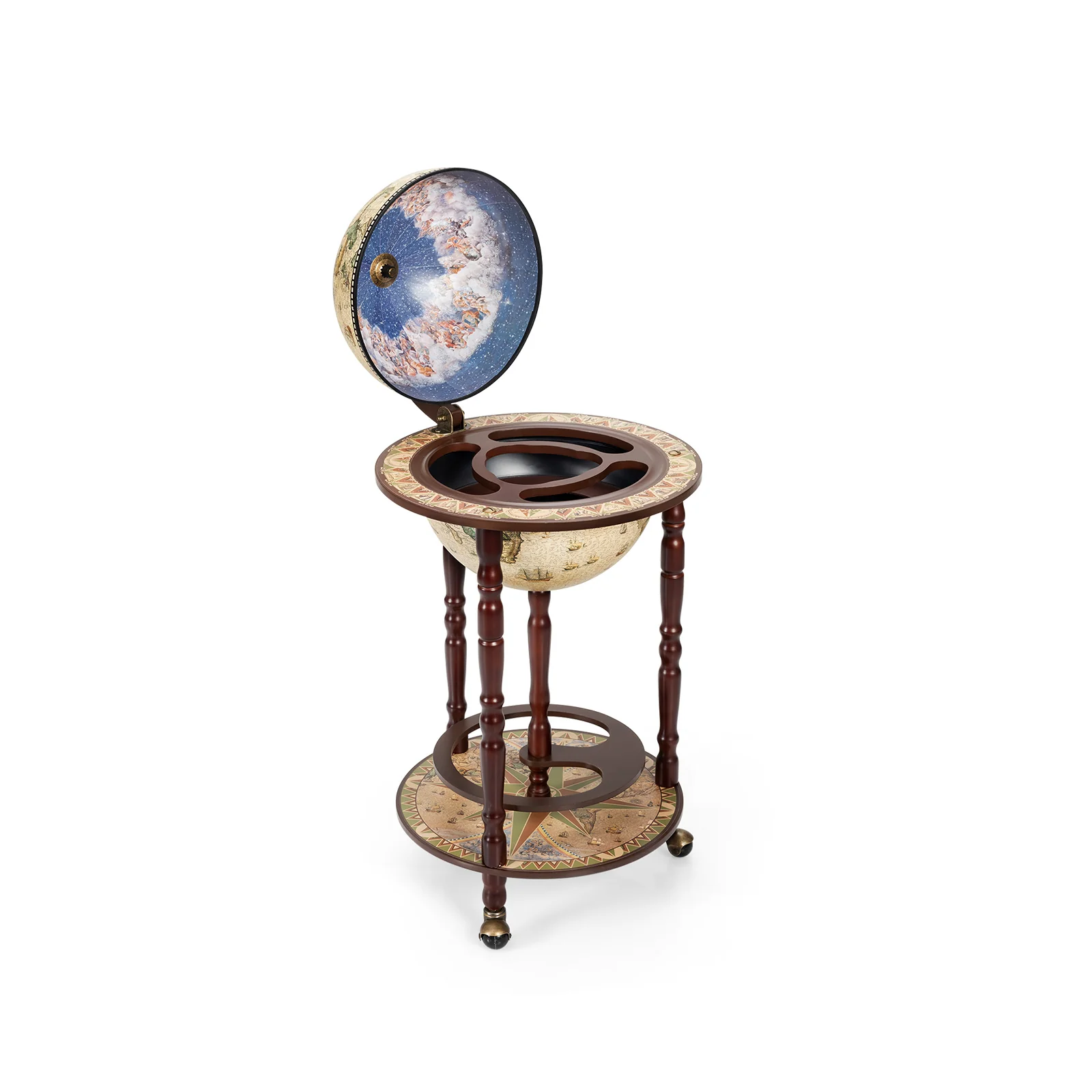 17 Inch Italian Style Design Wooden Globe Liquor Bottle Wine Rack with Wheels, White