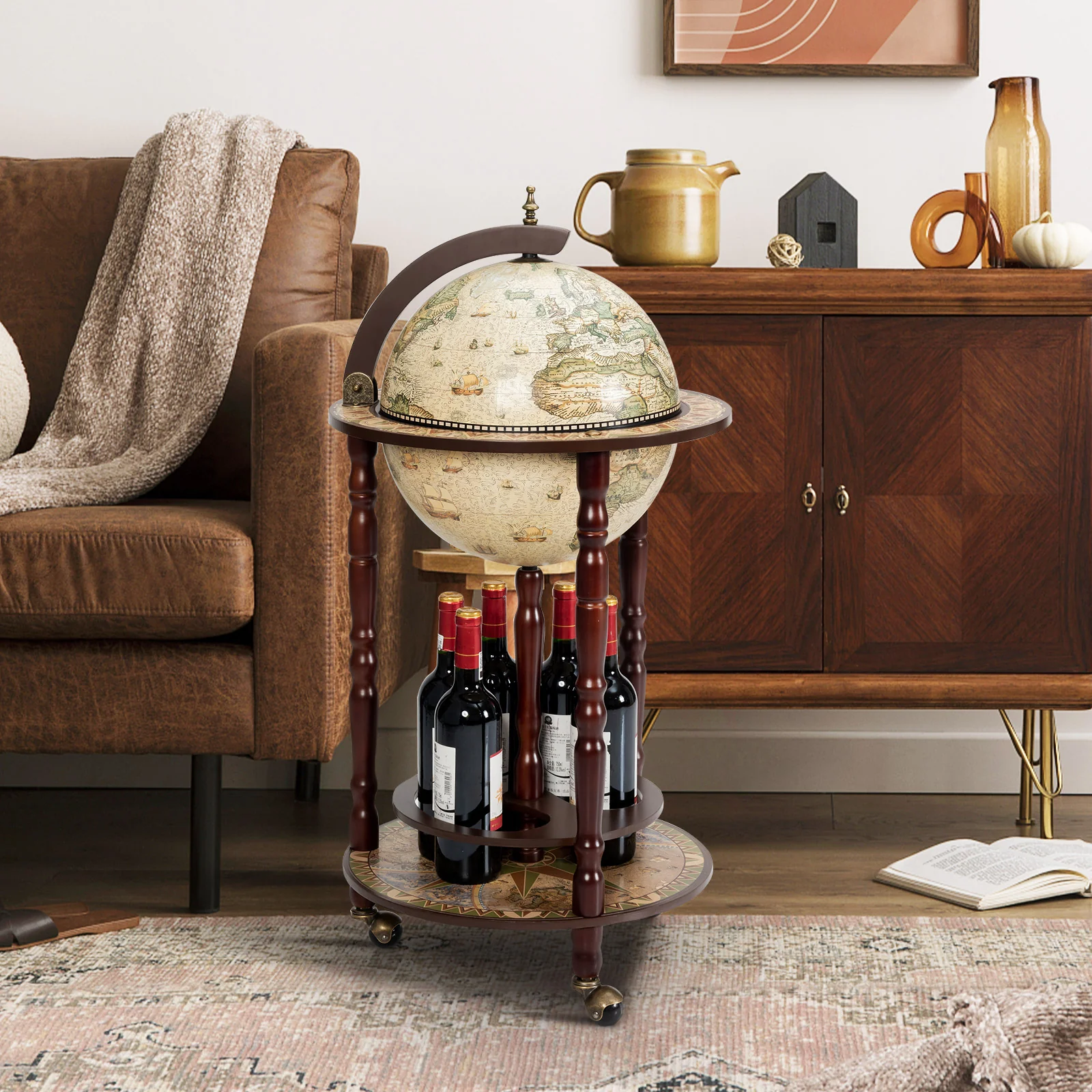 17 Inch Italian Style Design Wooden Globe Liquor Bottle Wine Rack with Wheels, White - Image 3