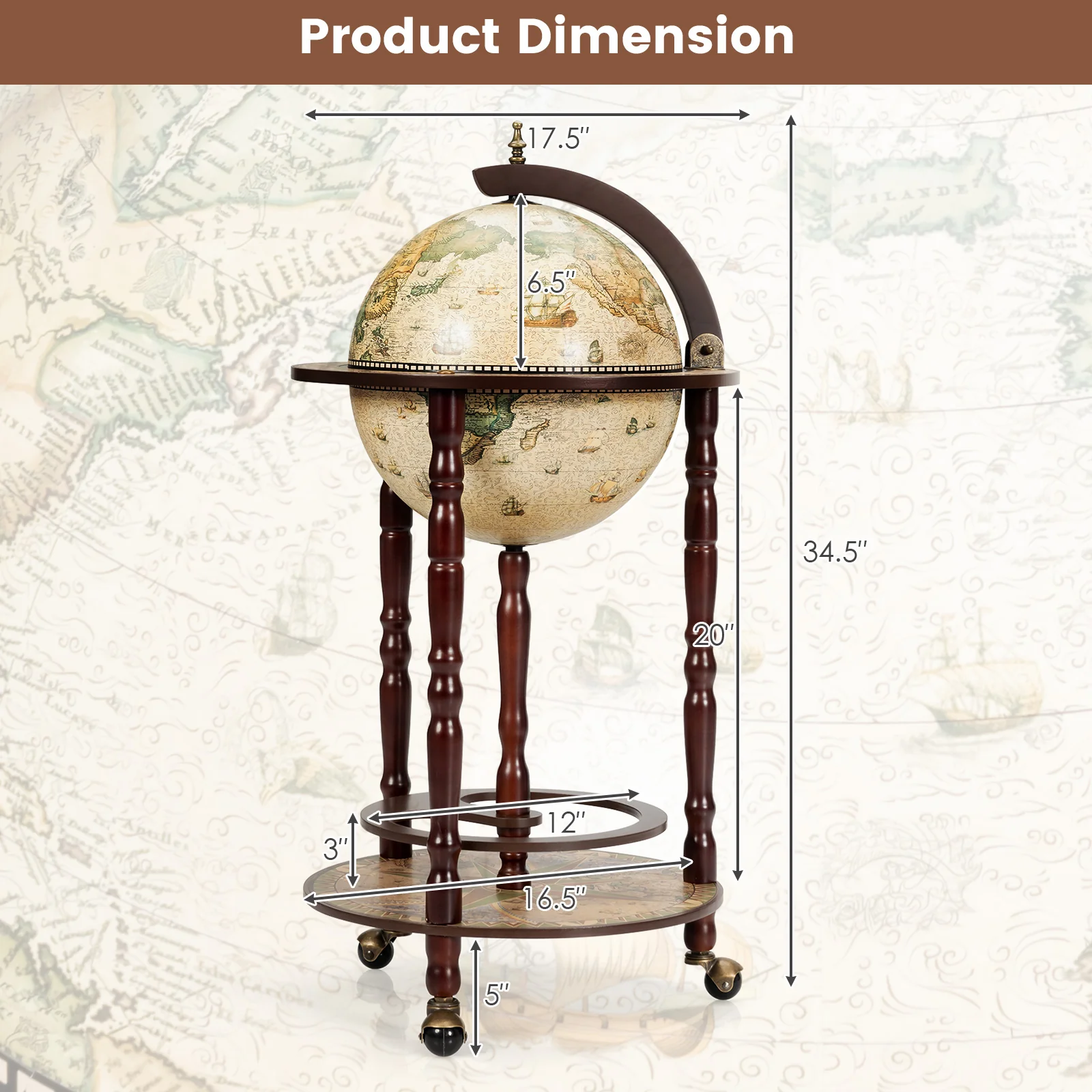 17 Inch Italian Style Design Wooden Globe Liquor Bottle Wine Rack with Wheels, White - Image 5