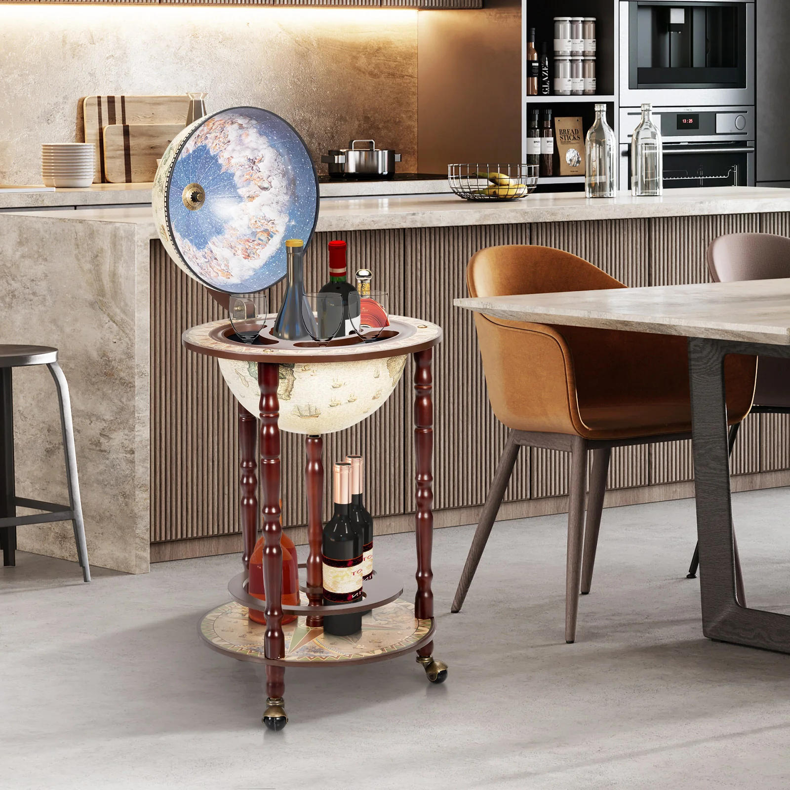 17 Inch Italian Style Design Wooden Globe Liquor Bottle Wine Rack with Wheels, White - Image 7