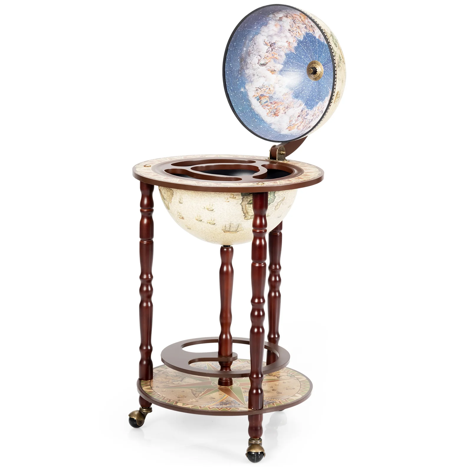 17 Inch Italian Style Design Wooden Globe Liquor Bottle Wine Rack with Wheels, White - Image 8