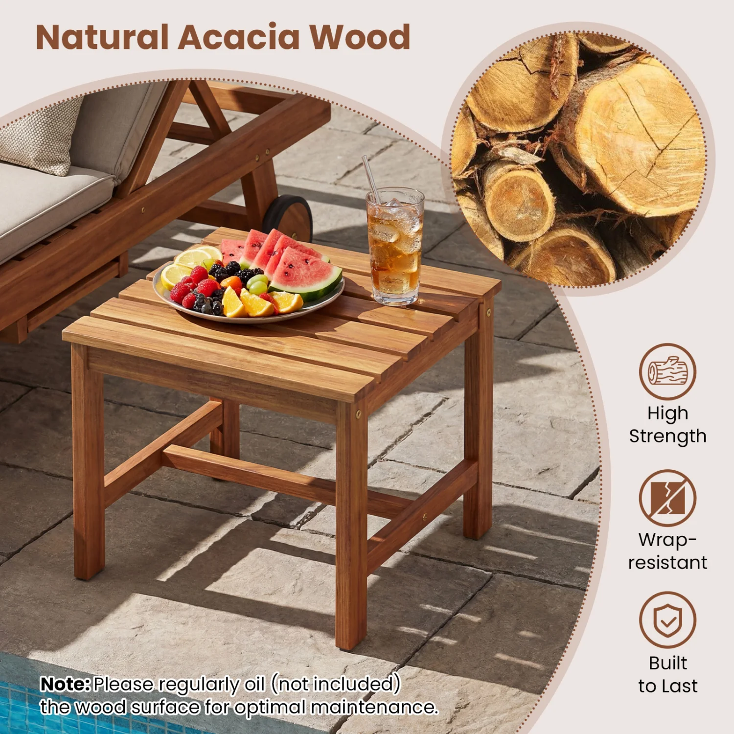 17” Square Patio Acacia Wood Side Table with Slatted Tabletop-Set of 1 - Image 8