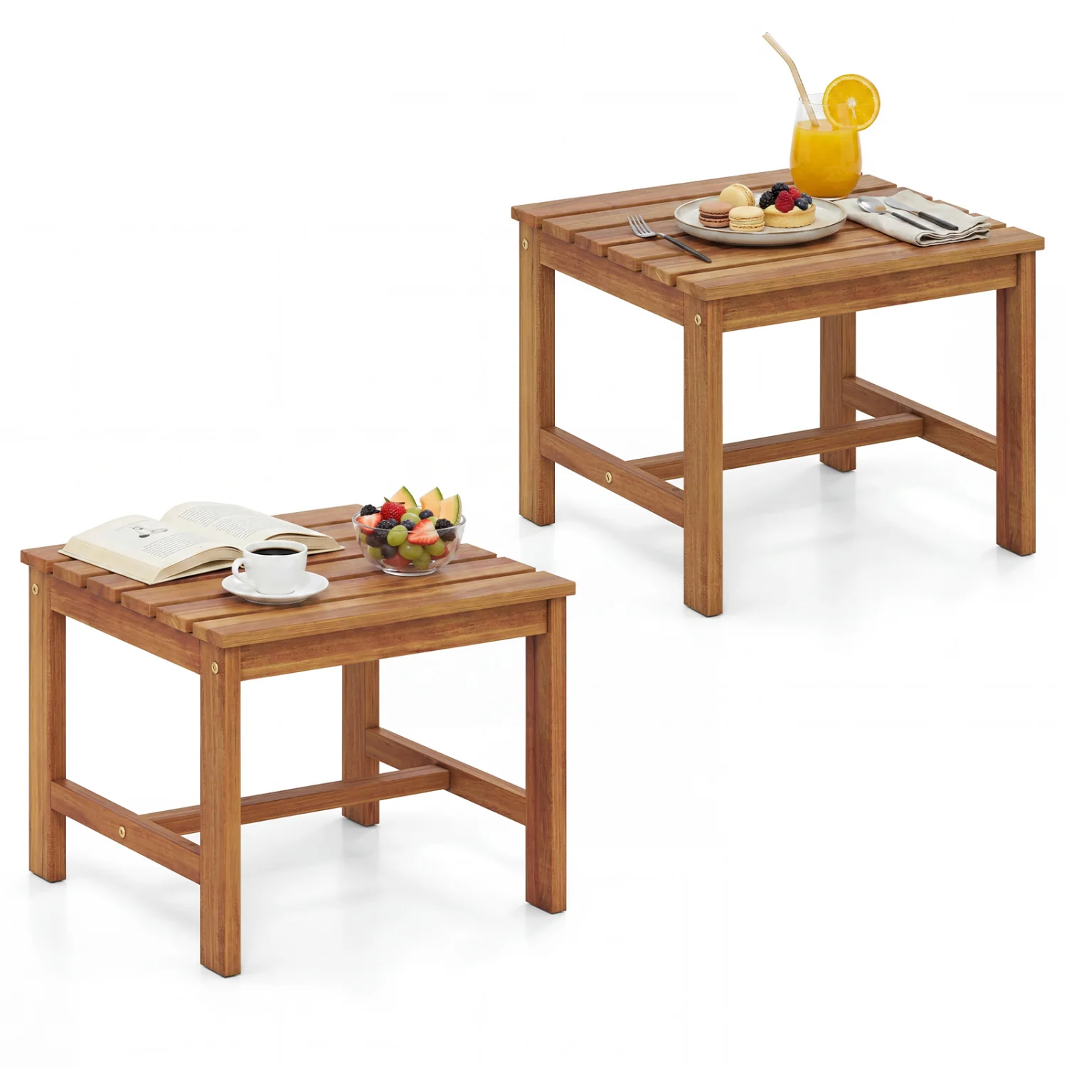 17” Square Patio Acacia Wood Side Table with Slatted Tabletop-Set of 2