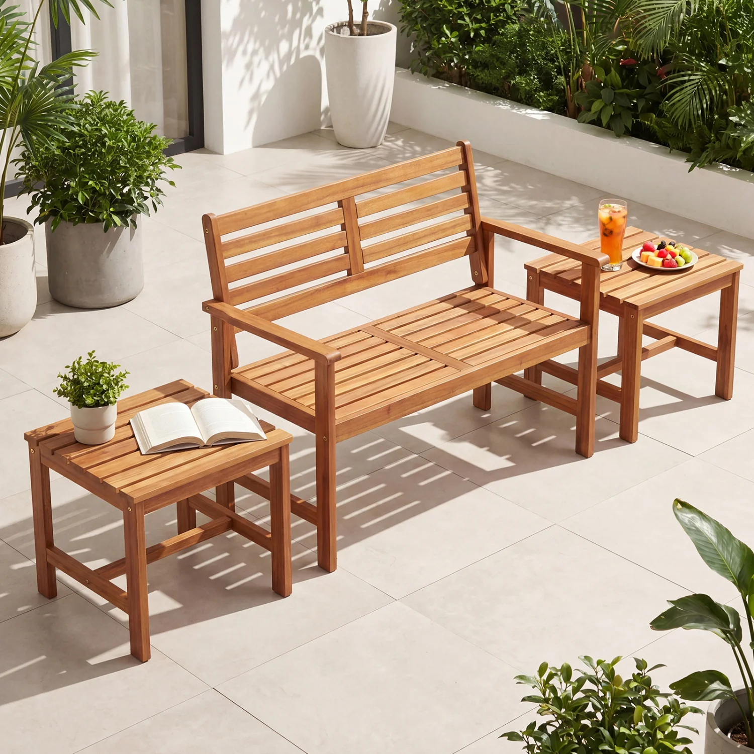 17” Square Patio Acacia Wood Side Table with Slatted Tabletop-Set of 2 - Image 2