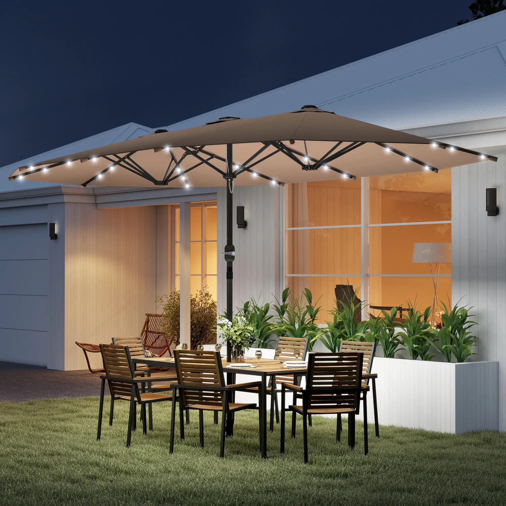 174" Double-Sided Sun Umbrella, Patio Sun Shade, Solar LED Light, Khaki - Image 2