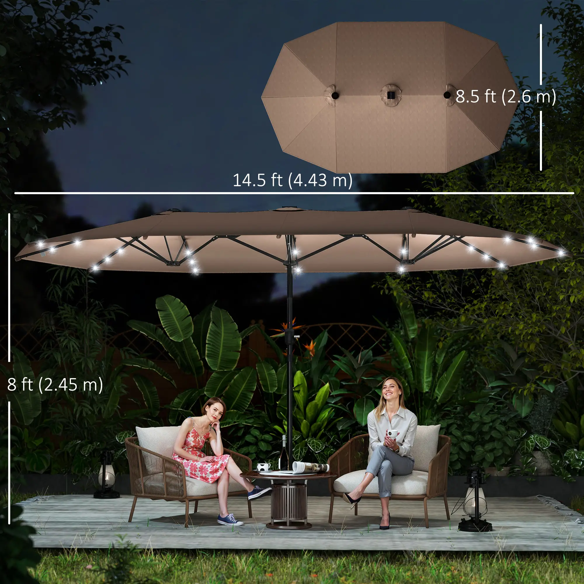 174" Double-Sided Sun Umbrella, Patio Sun Shade, Solar LED Light, Khaki - Image 3