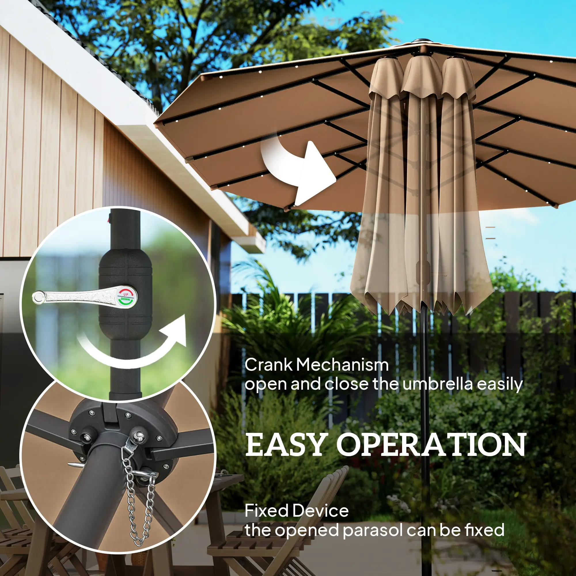 174" Double-Sided Sun Umbrella, Patio Sun Shade, Solar LED Light, Khaki - Image 6