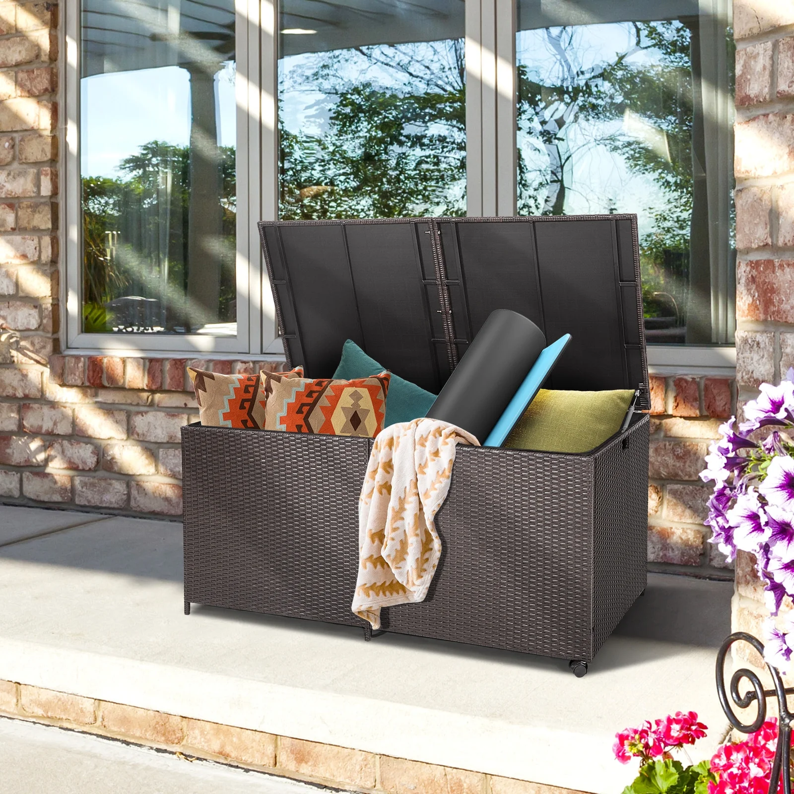 175 Gallon Outdoor Storage Box, Universal Wheels, Zippered Liner, Brown - Image 3