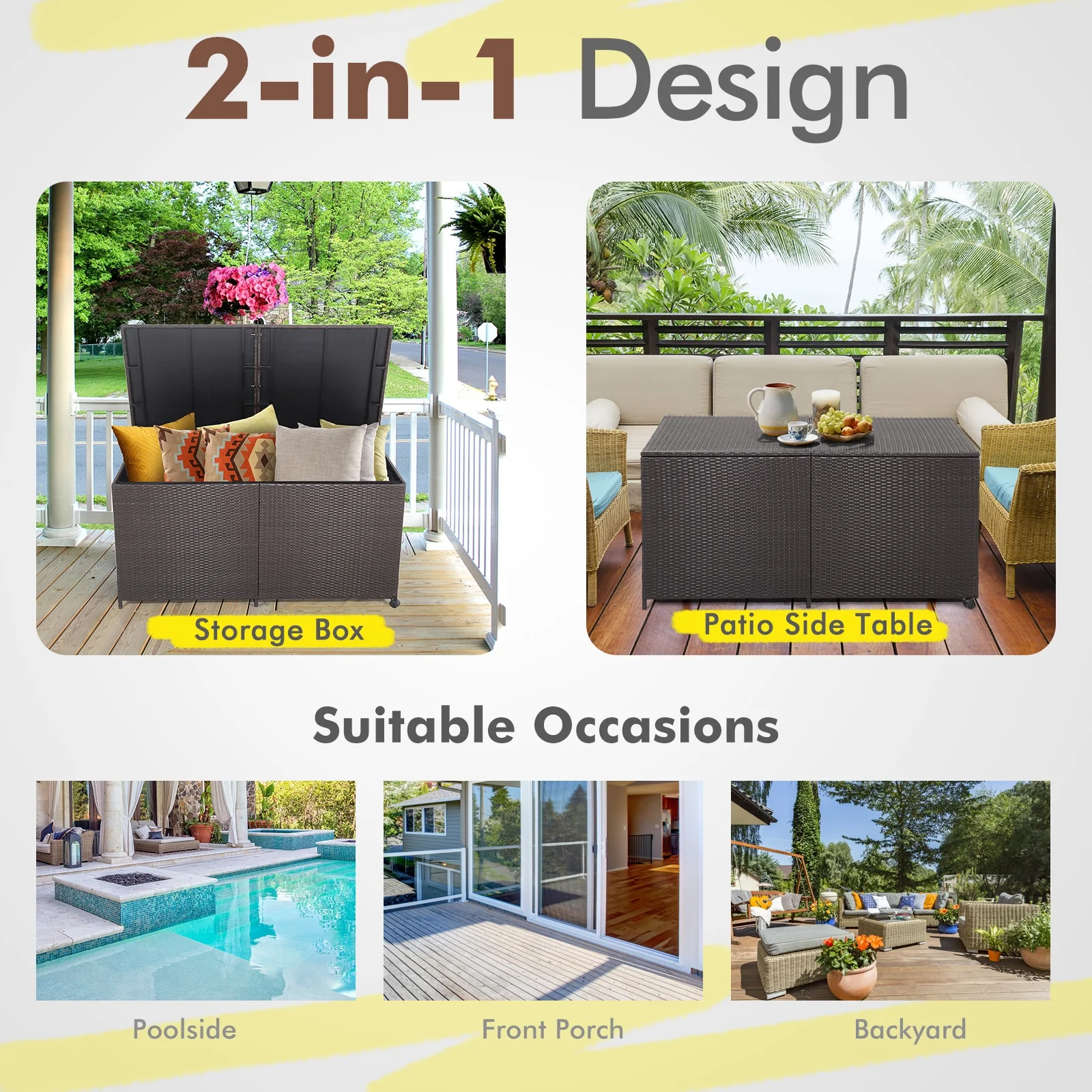175 Gallon Outdoor Storage Box, Universal Wheels, Zippered Liner, Brown - Image 7