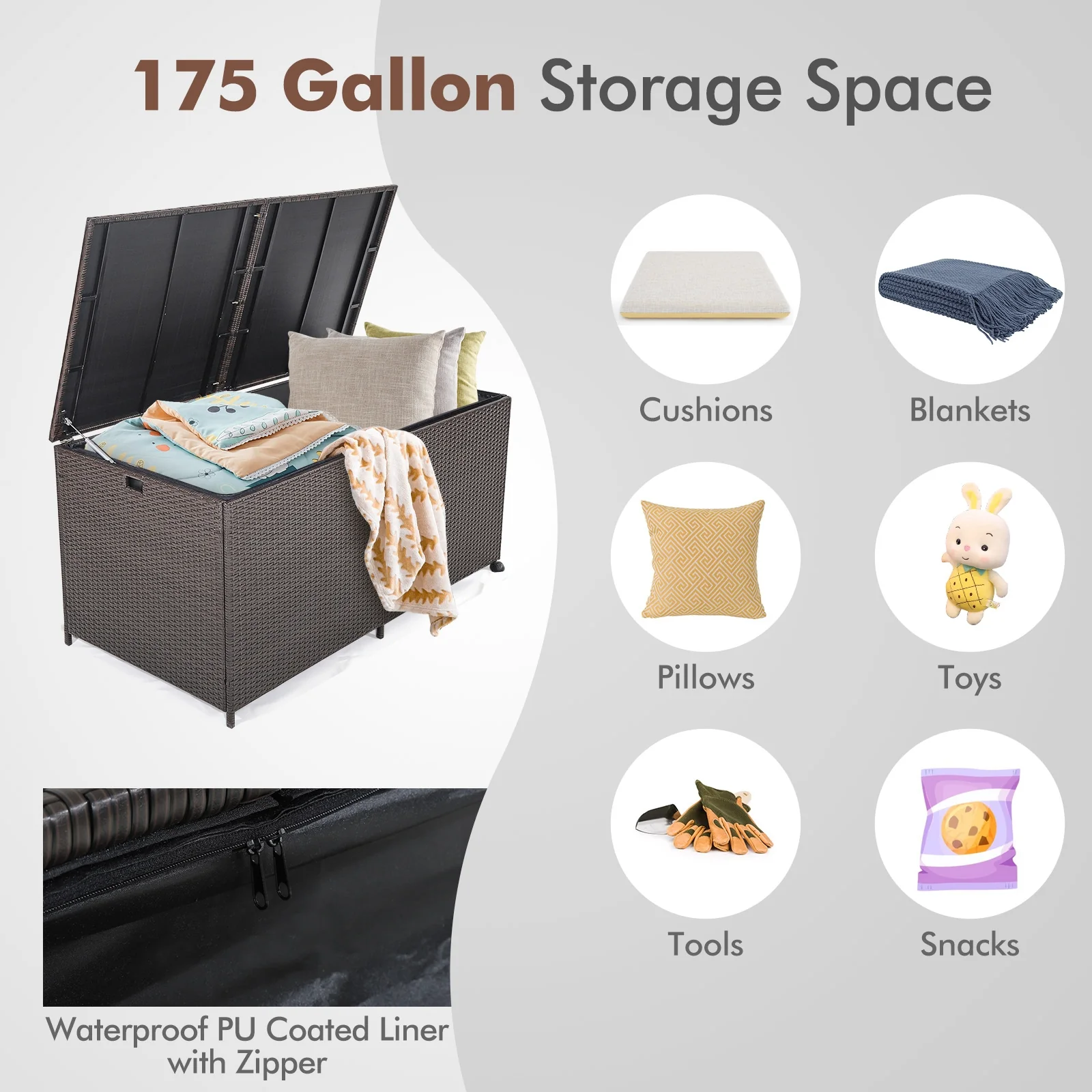 175 Gallon Outdoor Storage Box, Universal Wheels, Zippered Liner, Brown - Image 8
