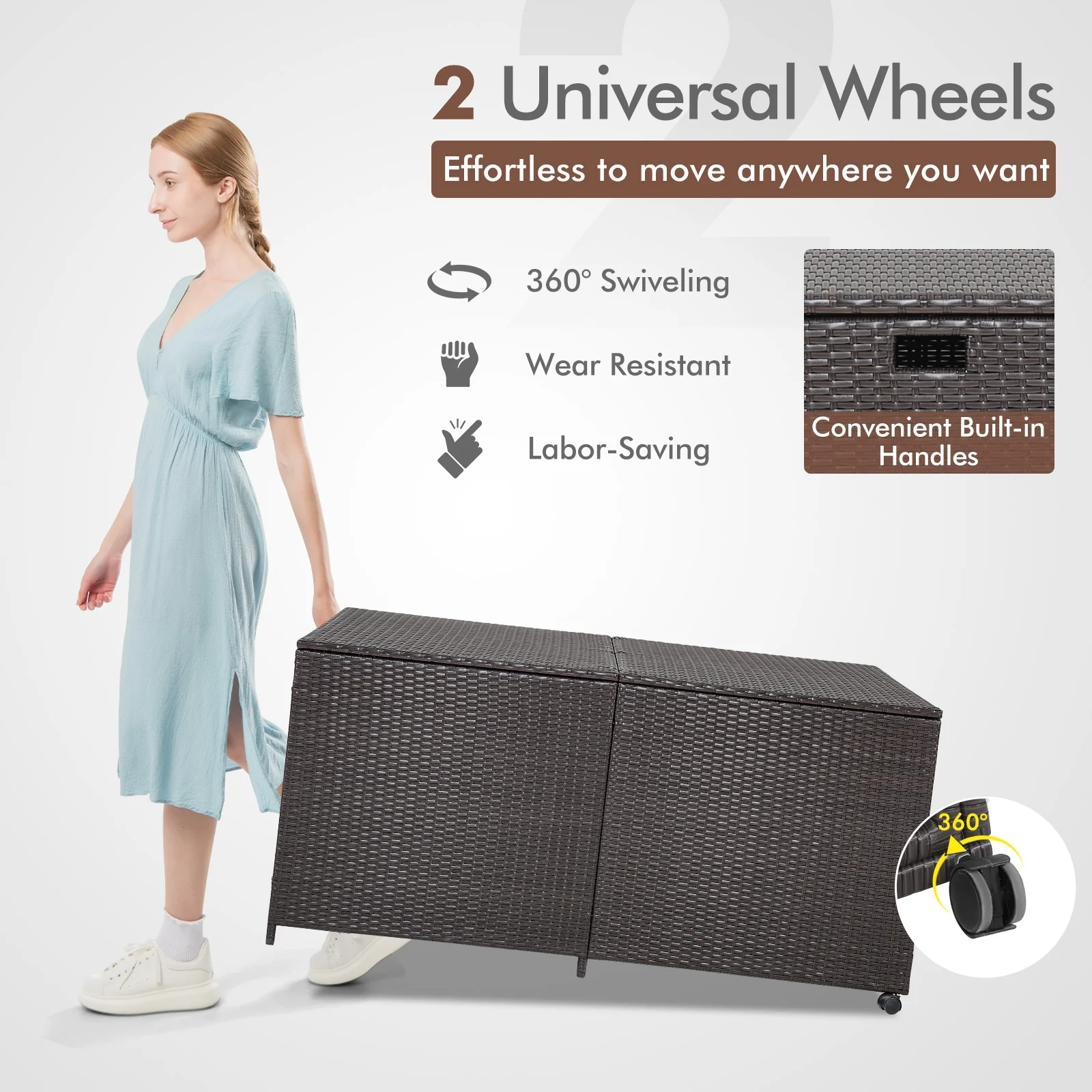175 Gallon Outdoor Storage Box, Universal Wheels, Zippered Liner, Brown - Image 9