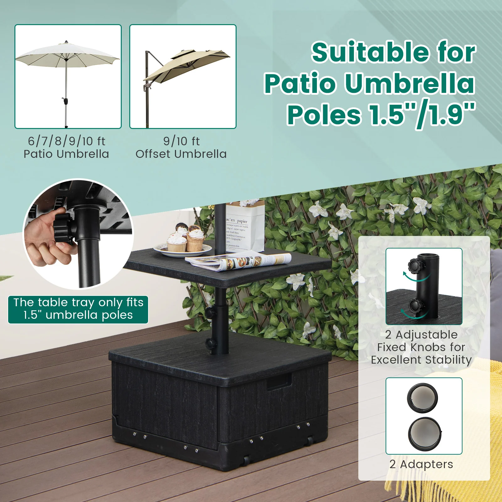 175 LBS Outdoor Fillable Umbrella Base With Table Tray, Black - Image 8