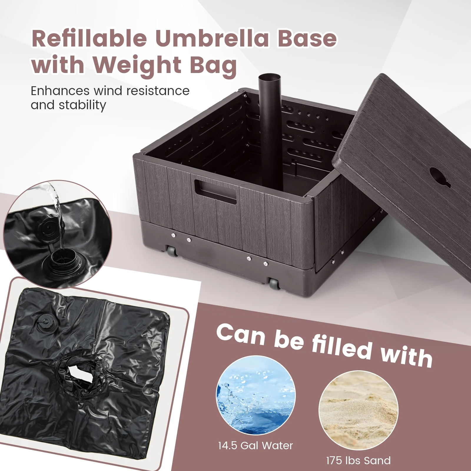 175 LBS Outdoor Fillable Umbrella Base With Table Tray, Brown - Image 6