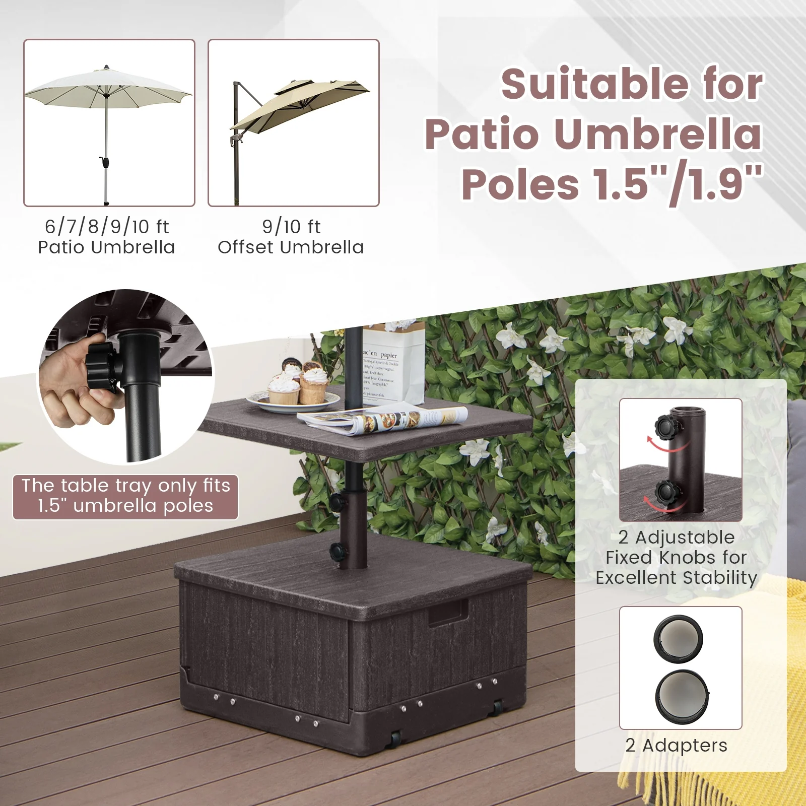 175 LBS Outdoor Fillable Umbrella Base With Table Tray, Brown - Image 9