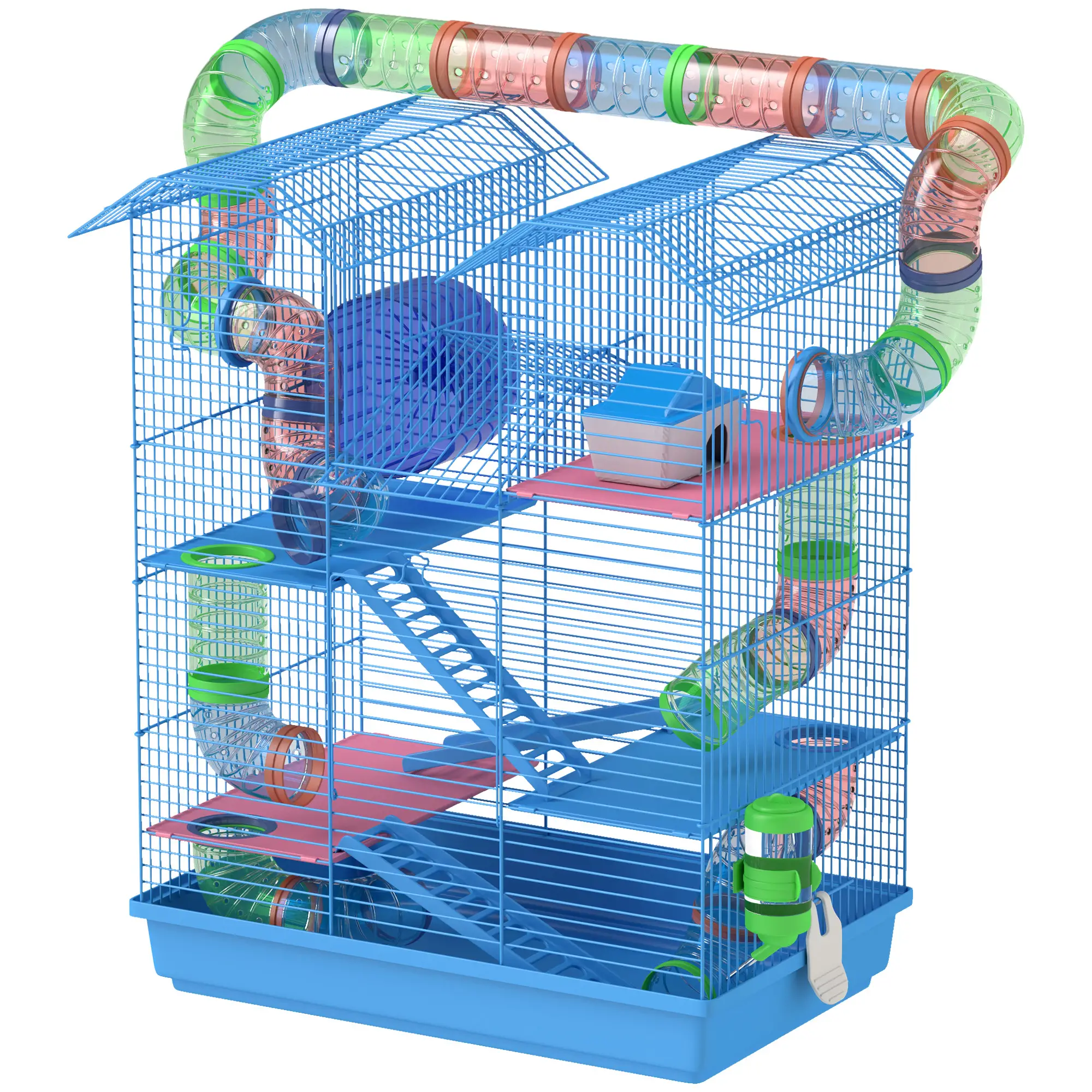 18.5" Hamster Cage, 5 Tiers, Tunnel Tube System, Exercise Wheel, Water Bottle, Blue