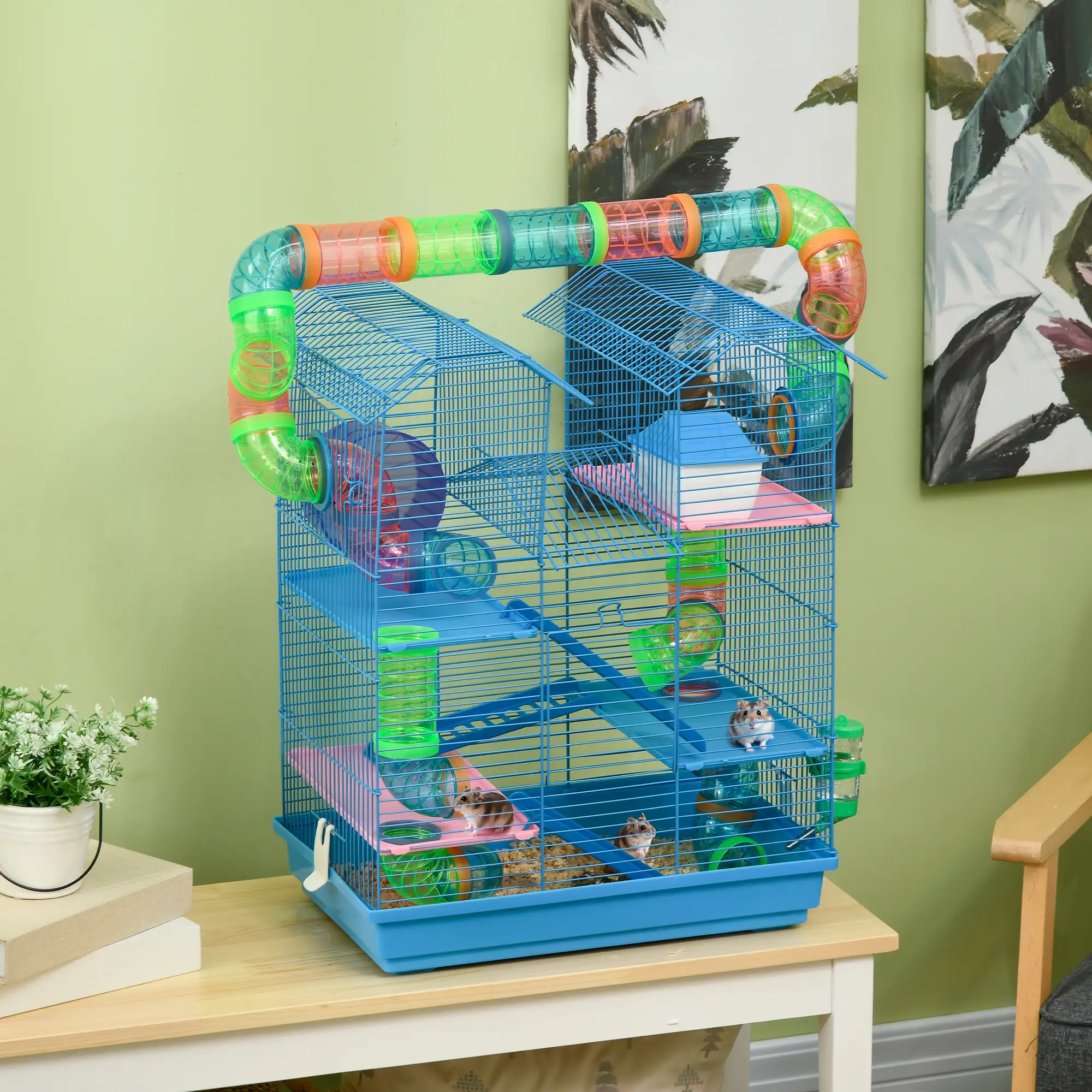 18.5" Hamster Cage, 5 Tiers, Tunnel Tube System, Exercise Wheel, Water Bottle, Blue - Image 2