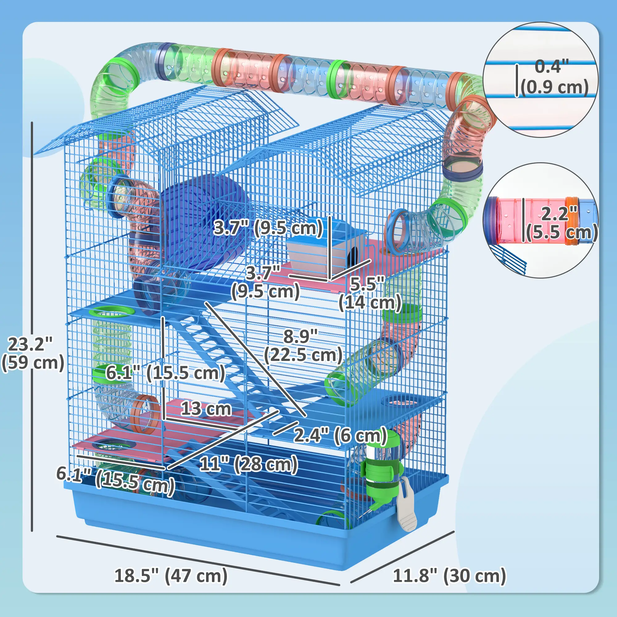 18.5" Hamster Cage, 5 Tiers, Tunnel Tube System, Exercise Wheel, Water Bottle, Blue - Image 3