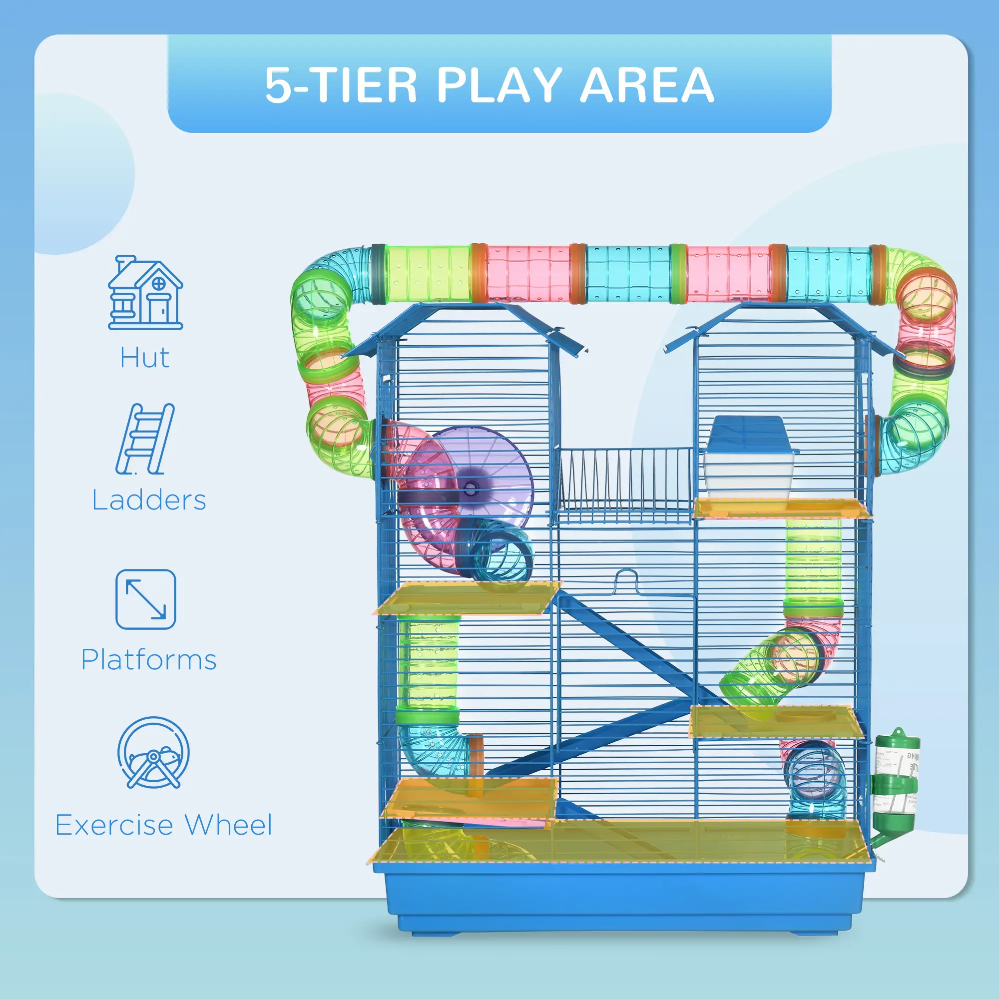 18.5" Hamster Cage, 5 Tiers, Tunnel Tube System, Exercise Wheel, Water Bottle, Blue - Image 4