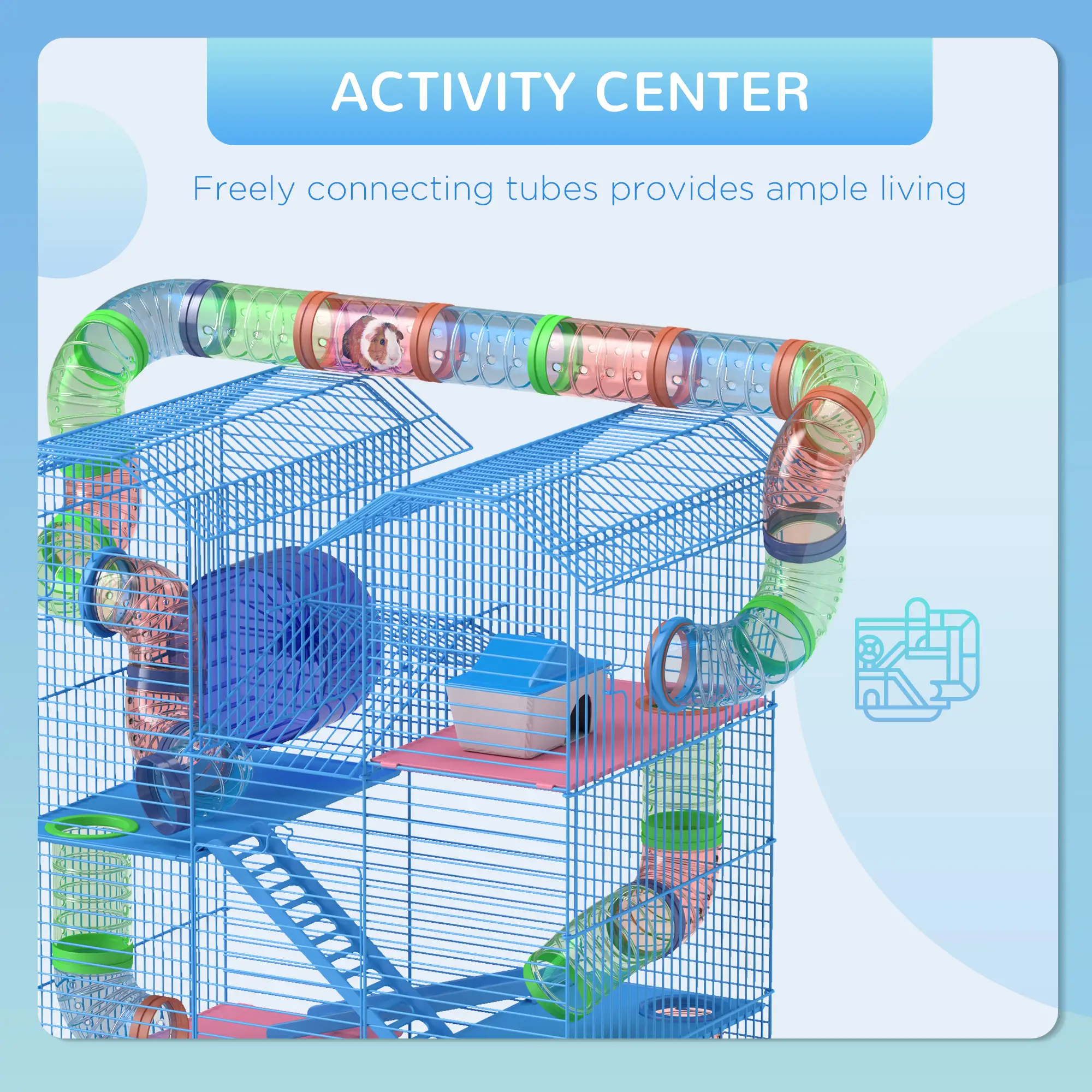18.5" Hamster Cage, 5 Tiers, Tunnel Tube System, Exercise Wheel, Water Bottle, Blue - Image 7