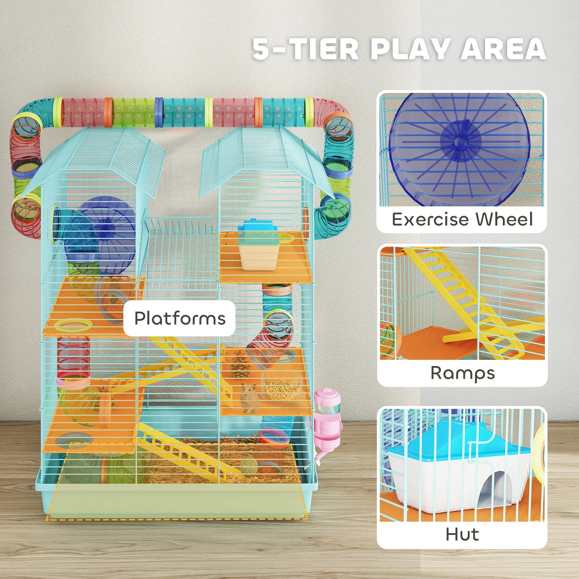 18.5" Hamster Cage, 5 Tiers, Tunnel Tube System, Exercise Wheel, Water Bottle, Light Blue - Image 4