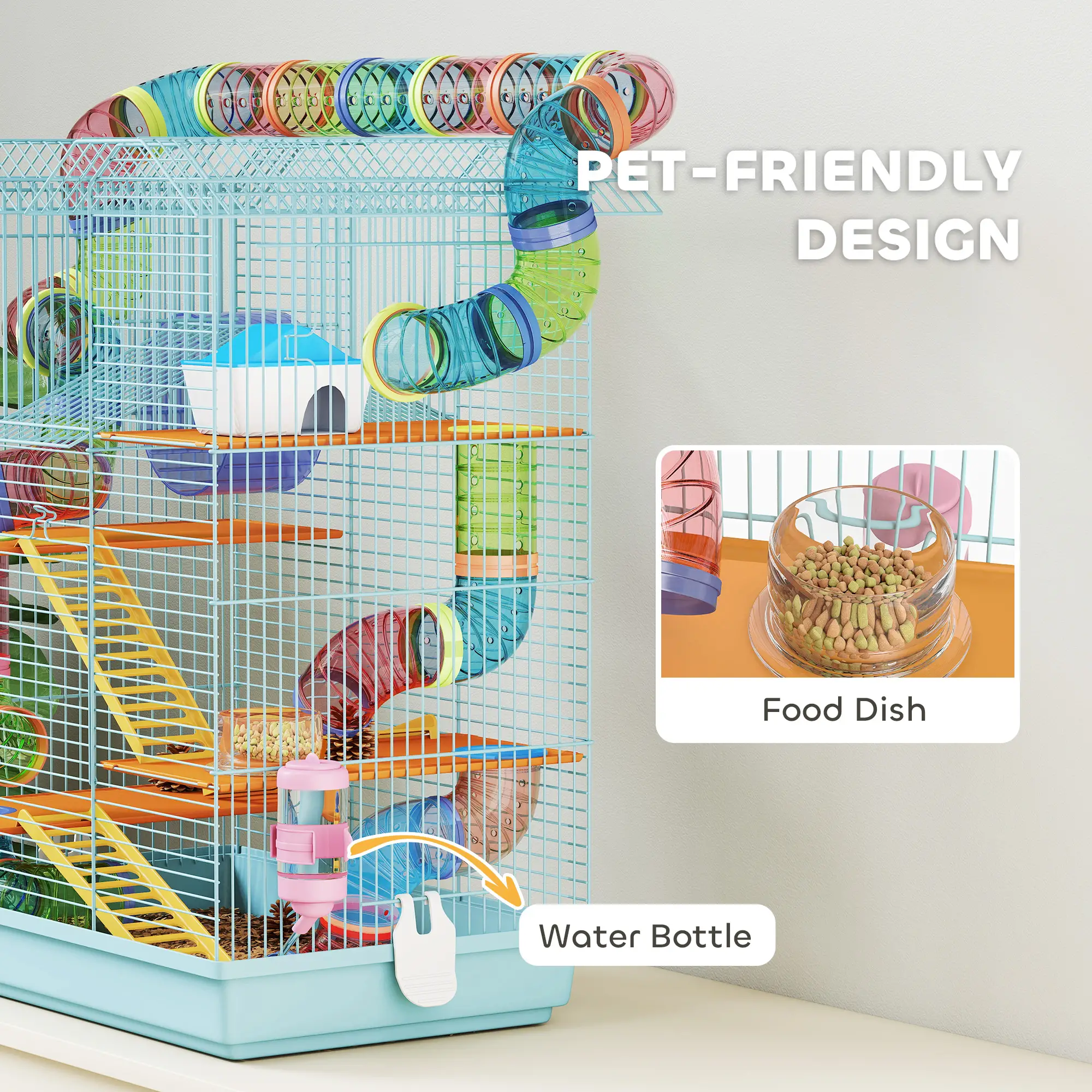 18.5" Hamster Cage, 5 Tiers, Tunnel Tube System, Exercise Wheel, Water Bottle, Light Blue - Image 5