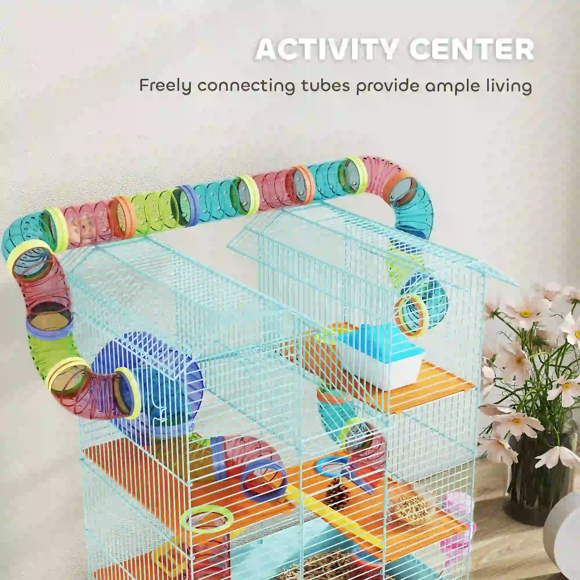 18.5" Hamster Cage, 5 Tiers, Tunnel Tube System, Exercise Wheel, Water Bottle, Light Blue - Image 7