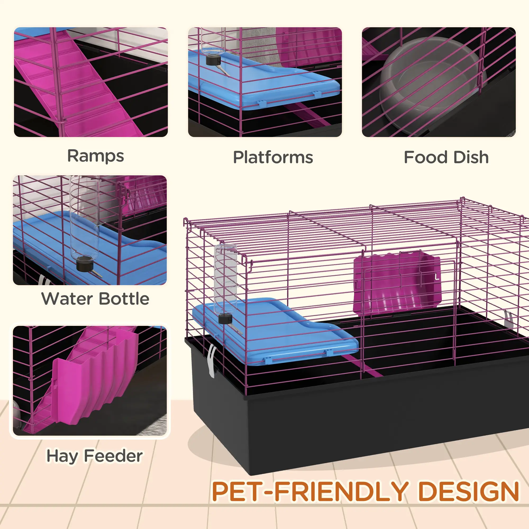 18.5" Small Animal Cage, Water Bottle, Food Dish, Platform, Ramp, Black - Image 5