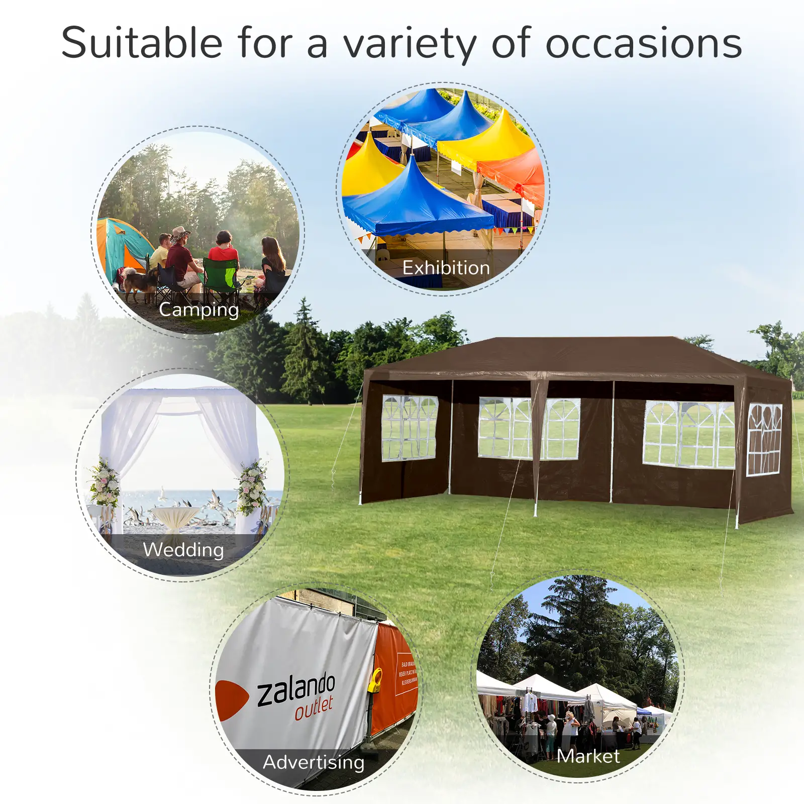 18.7' x 9.4' Party Tent, Portable Wedding Canopy, Outdoor Sunshade with 4 Sidewalls, Coffee - Image 6