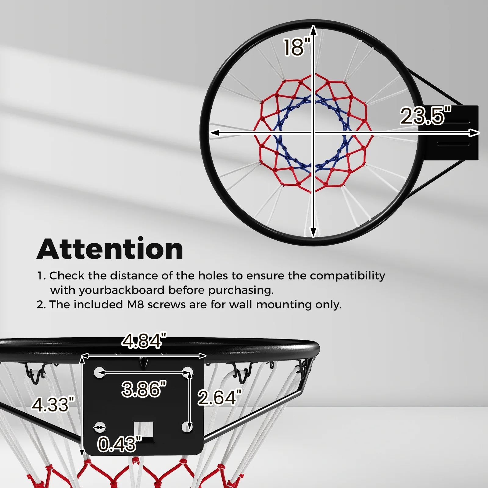 18" Basketball Rim, Wall Mounted Heavy Duty, Black - Image 6
