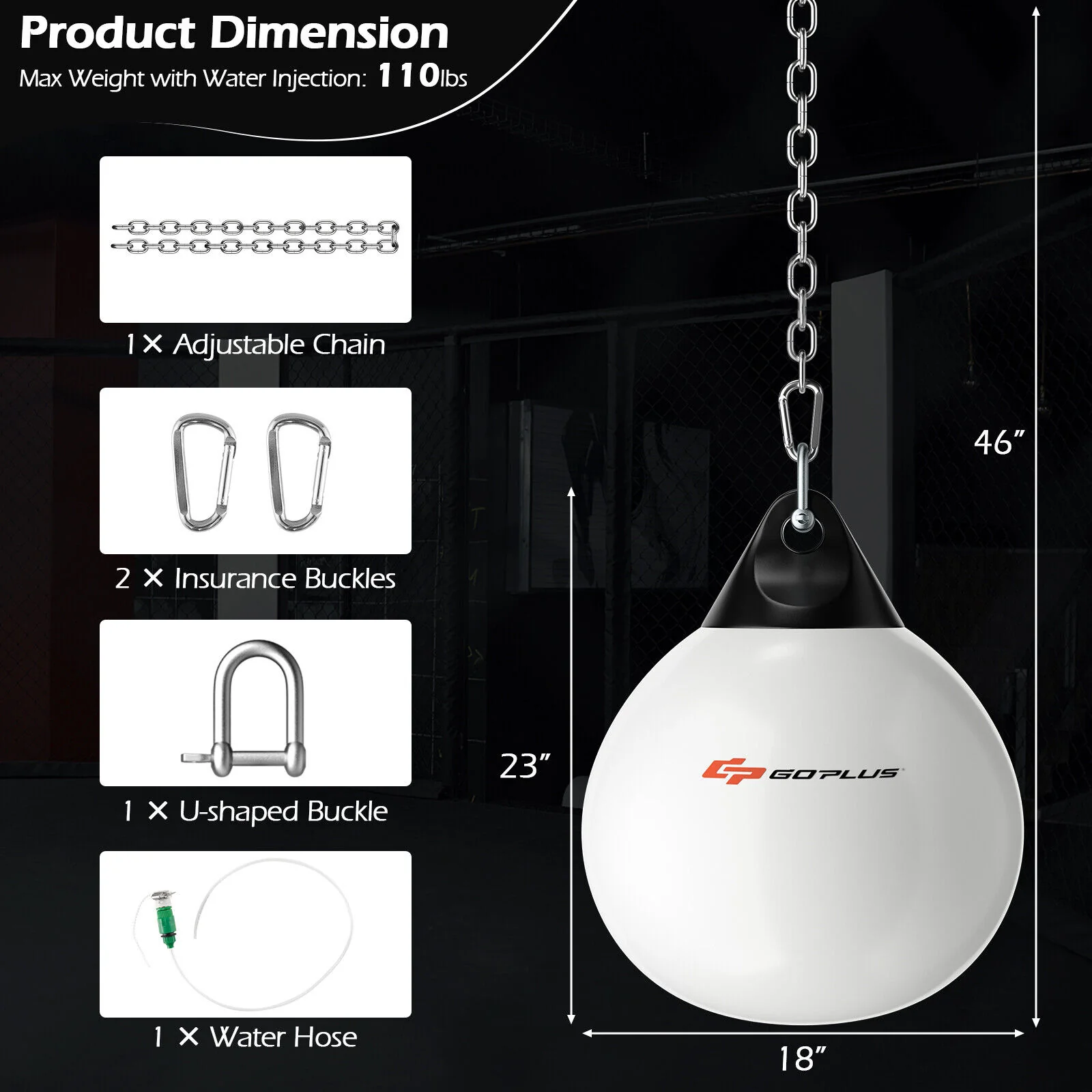 18 Inch 110 Pound Heavy Punching Water Bag, Adjustable Metal Chain, White - Image 5