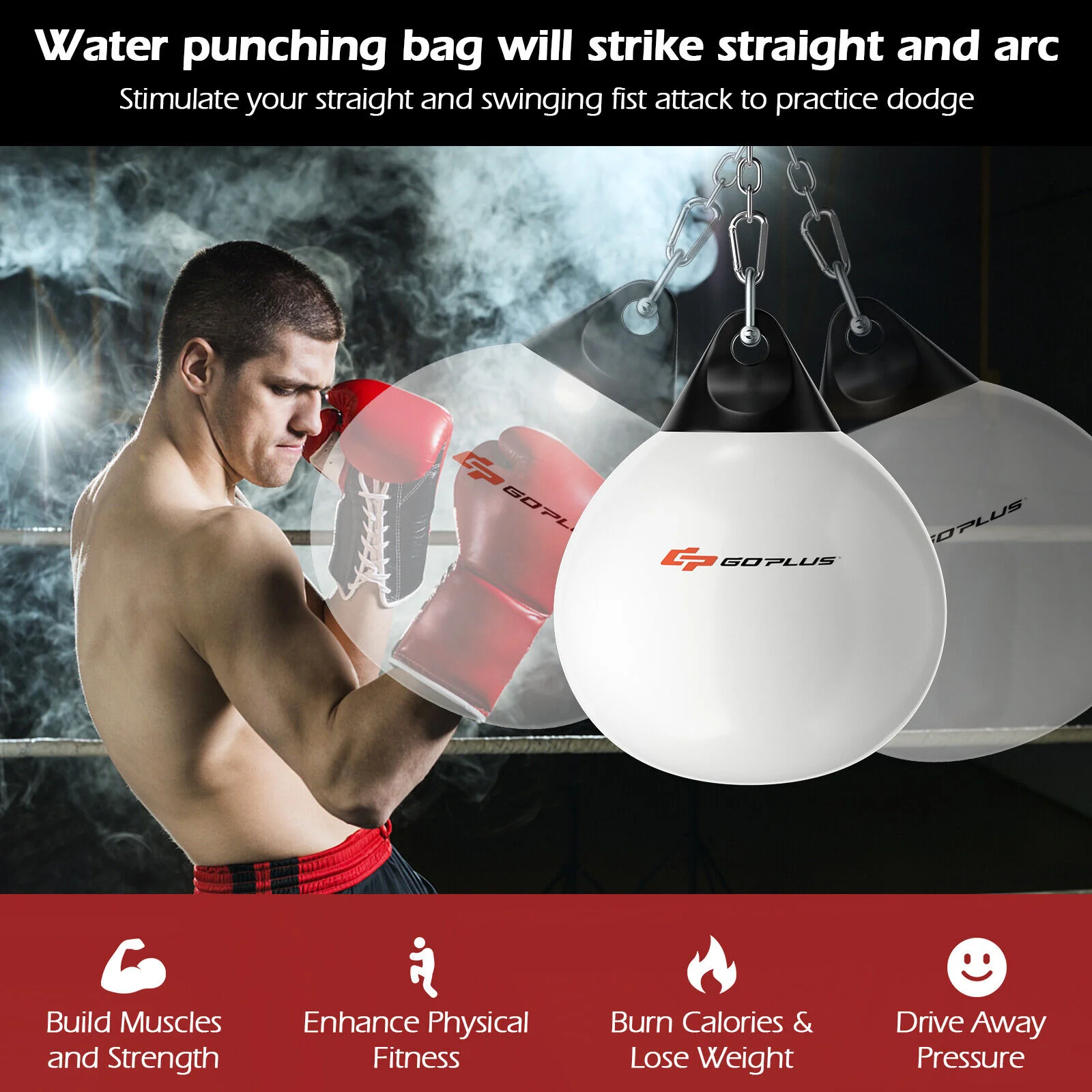 18 Inch 110 Pound Heavy Punching Water Bag, Adjustable Metal Chain, White - Image 6