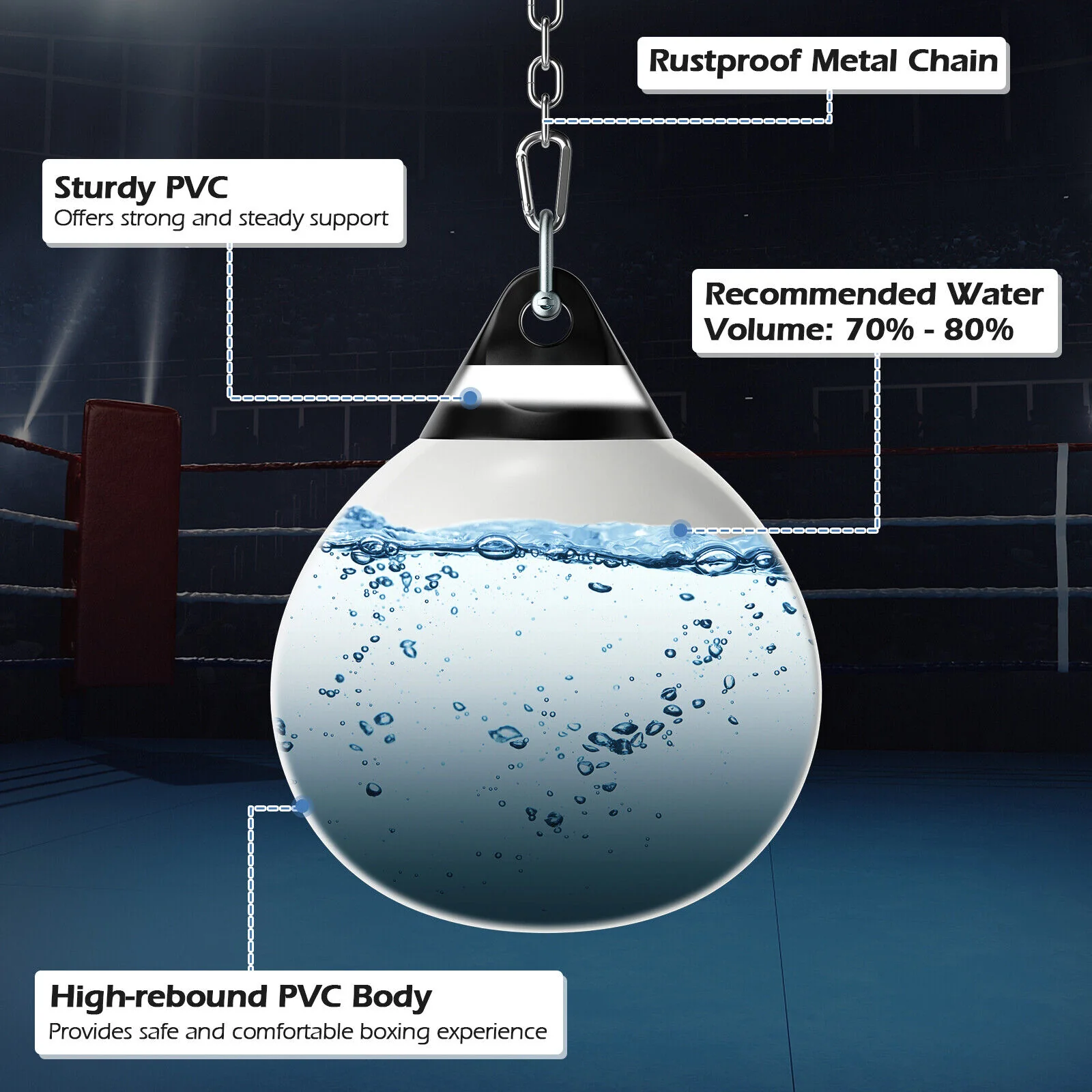 18 Inch 110 Pound Heavy Punching Water Bag, Adjustable Metal Chain, White - Image 7