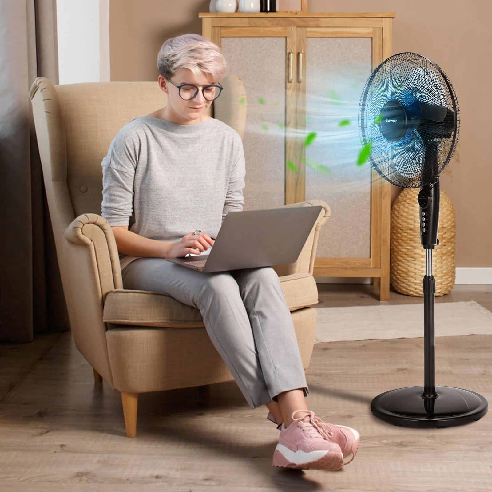 18 Inch Adjustable Height Fan, Quiet Oscillating Stand, Black - Image 3