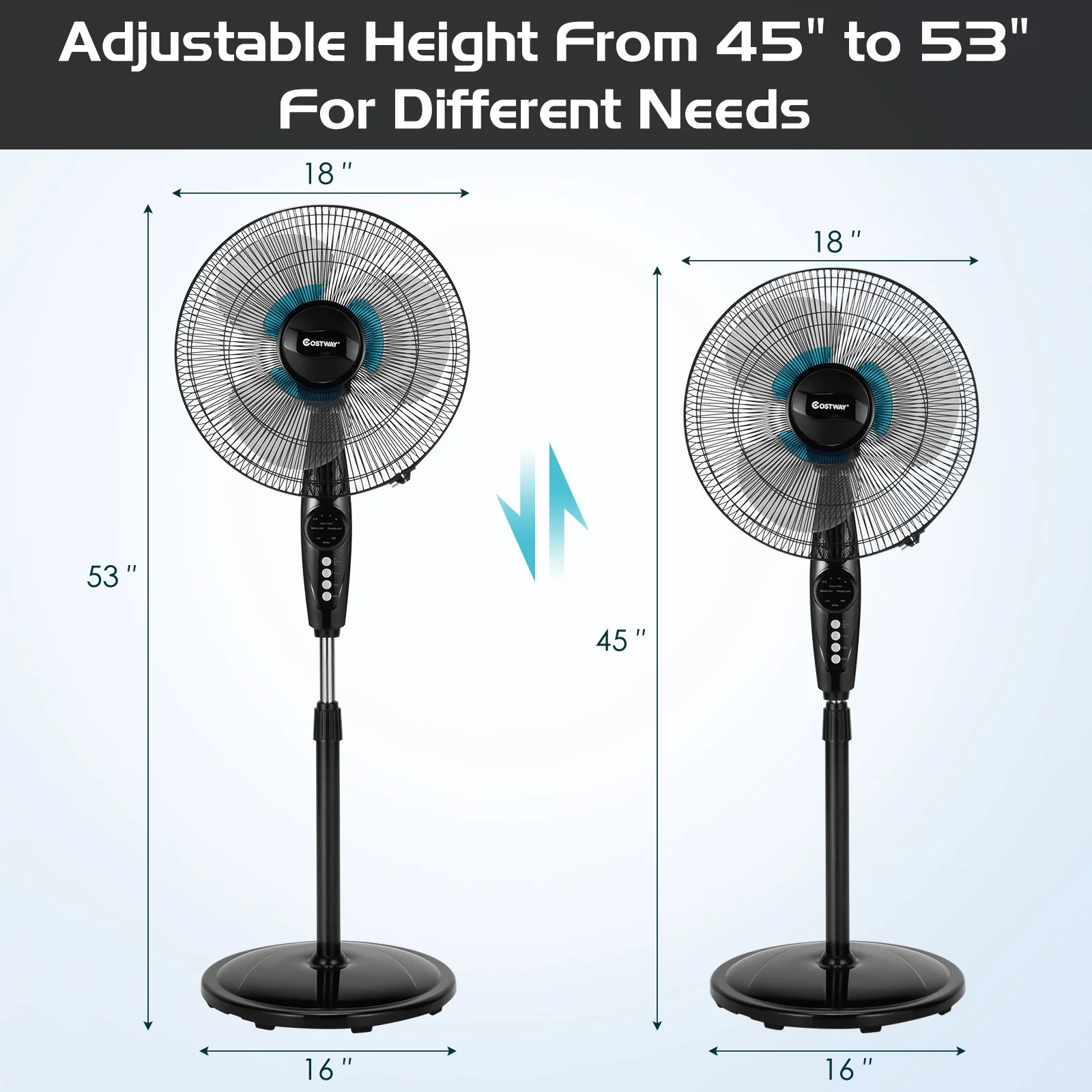18 Inch Adjustable Height Fan, Quiet Oscillating Stand, Black - Image 6