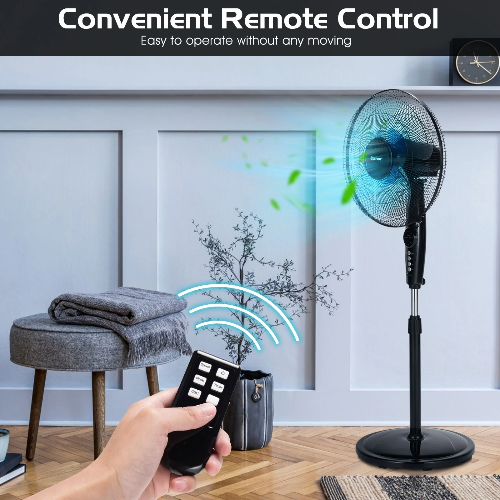 18 Inch Adjustable Height Fan, Quiet Oscillating Stand, Black - Image 7