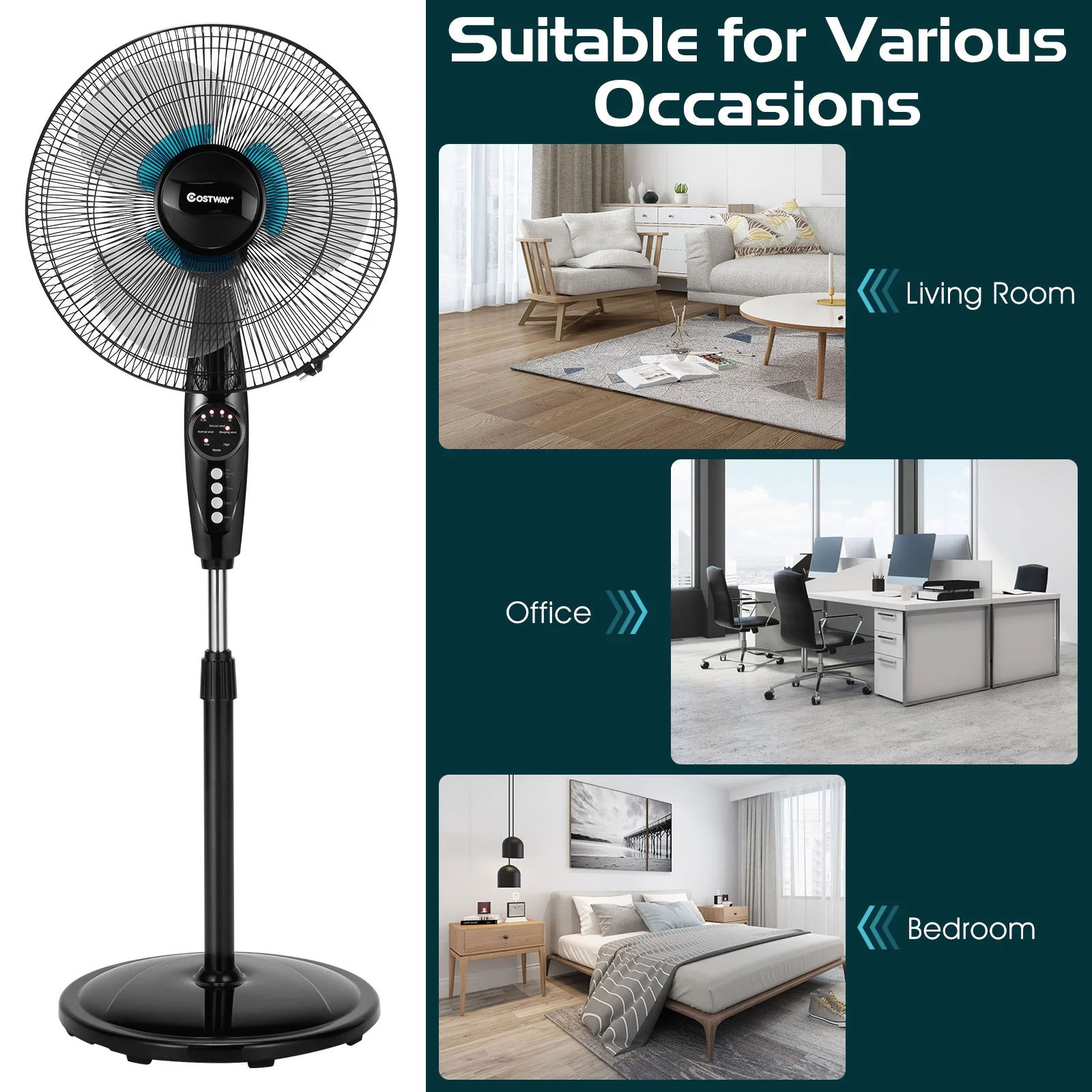18 Inch Adjustable Height Fan, Quiet Oscillating Stand, Black - Image 8