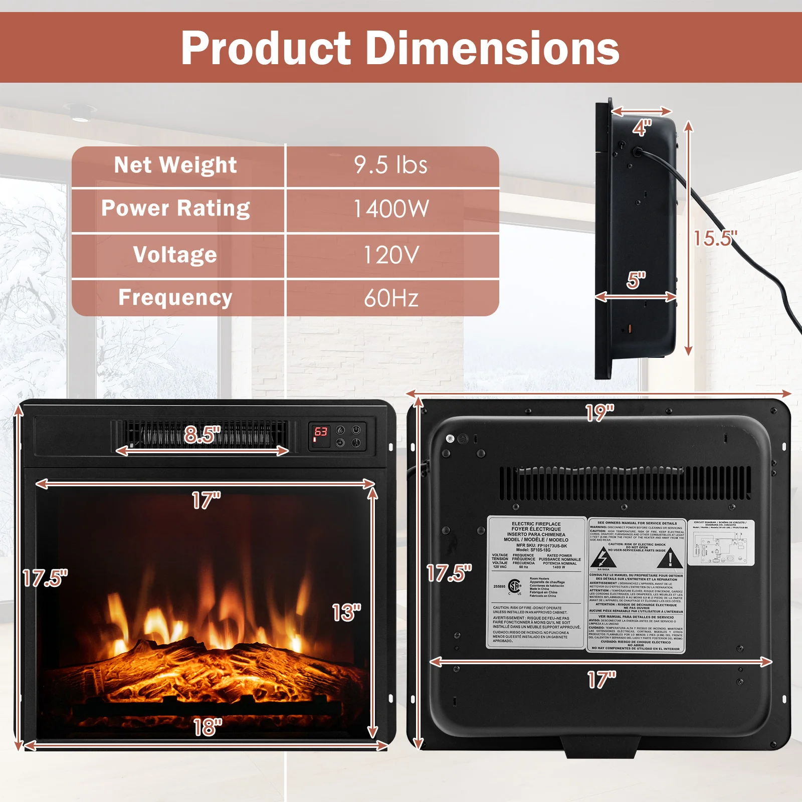 18 Inch Electric Fireplace Insert, Adjustable LED Flame - Image 6