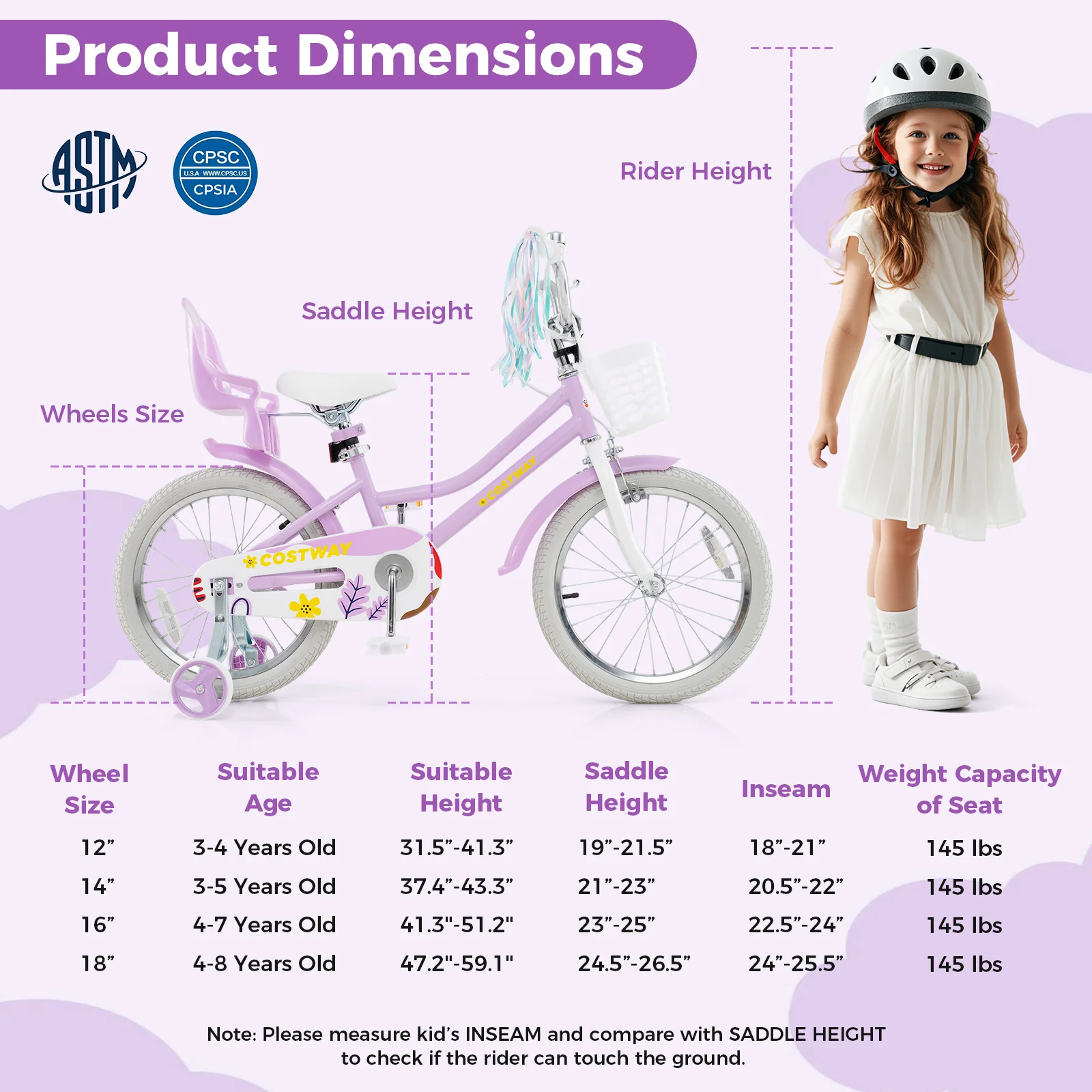 18 Inch Girls Bike With Doll Seat, Streamers, 4-8 Years, Purple - Image 5