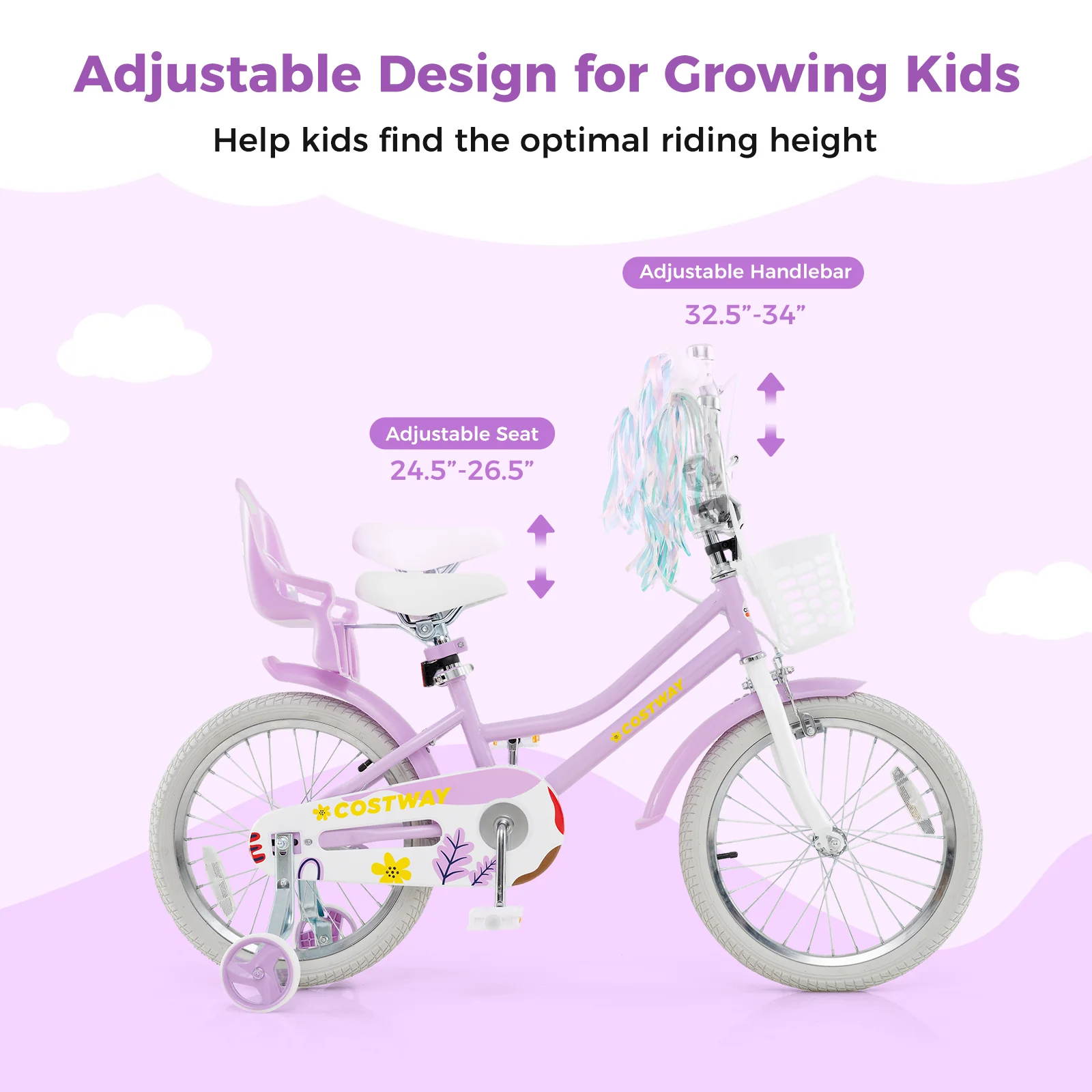 18 Inch Girls Bike With Doll Seat, Streamers, 4-8 Years, Purple - Image 6