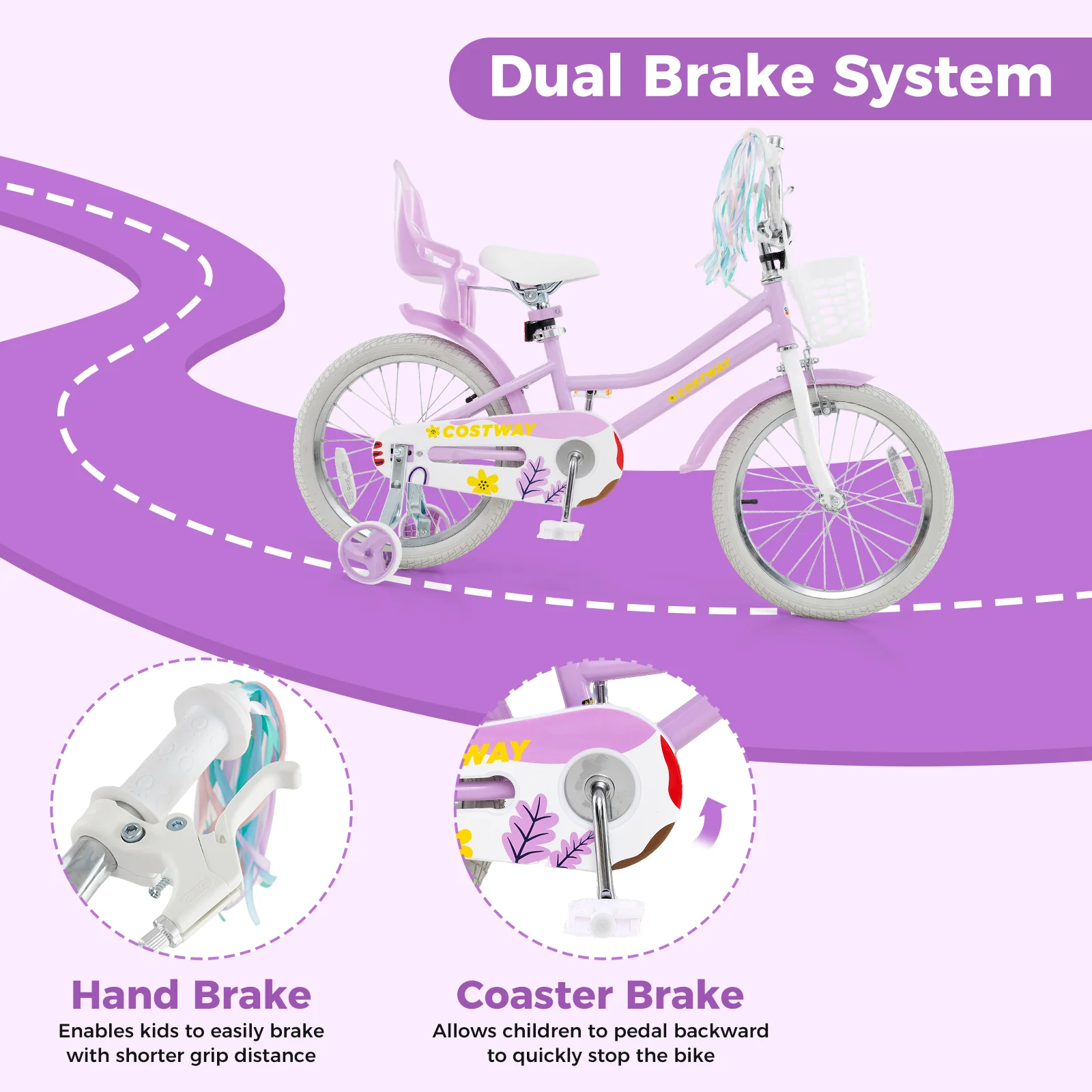 18 Inch Girls Bike With Doll Seat, Streamers, 4-8 Years, Purple - Image 7