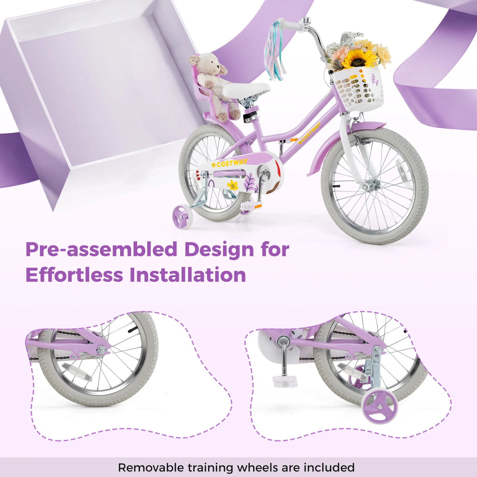 18 Inch Girls Bike With Doll Seat, Streamers, 4-8 Years, Purple - Image 8