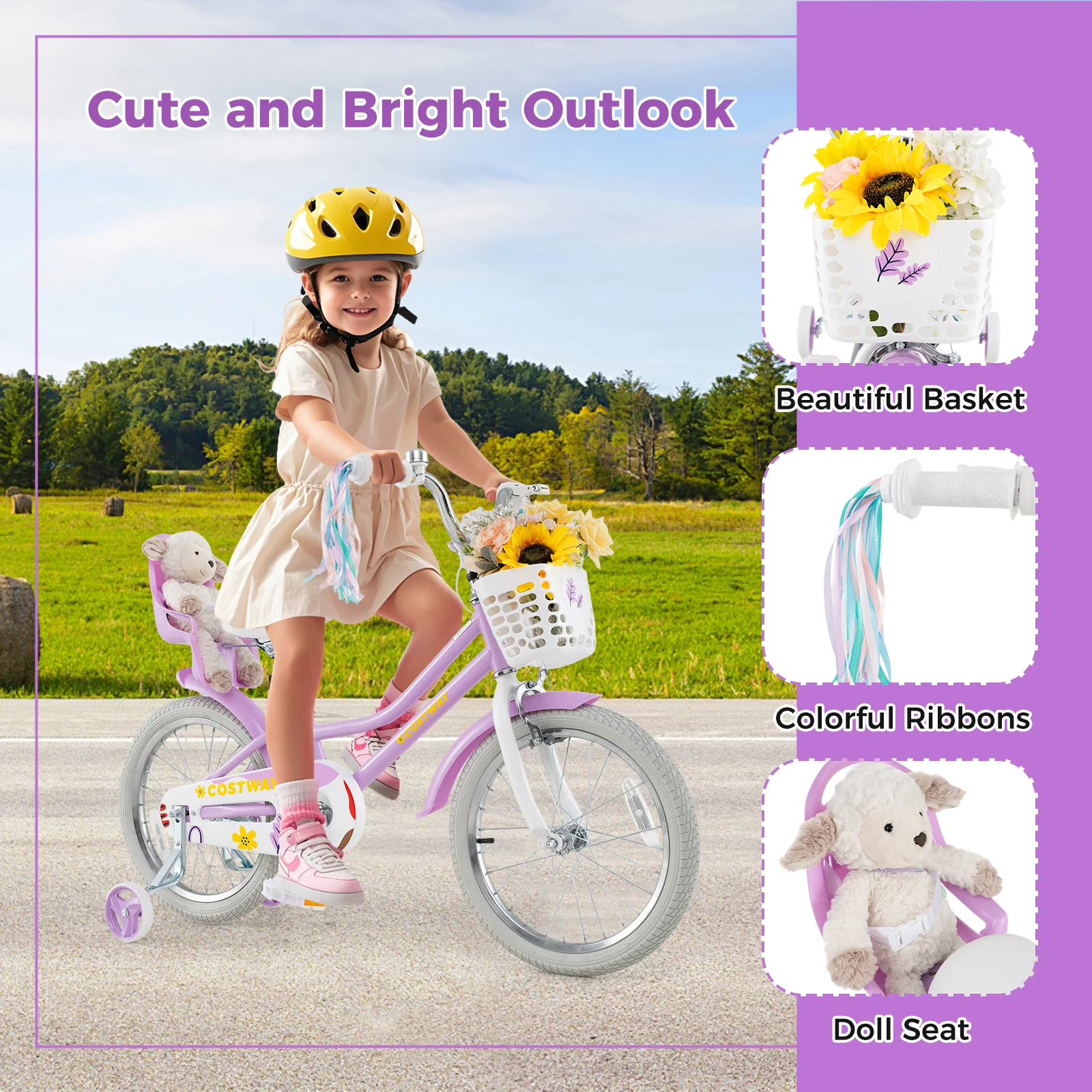 18 Inch Girls Bike With Doll Seat, Streamers, 4-8 Years, Purple - Image 9
