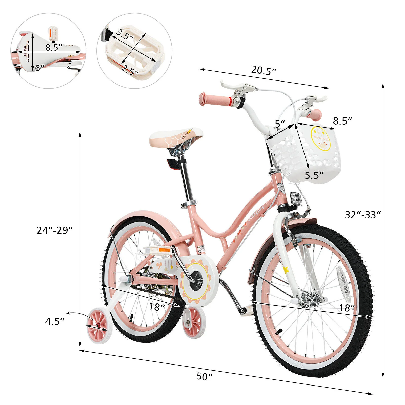 18 Inch Kids Adjustable Bike With Training Wheels, Pink - Image 6