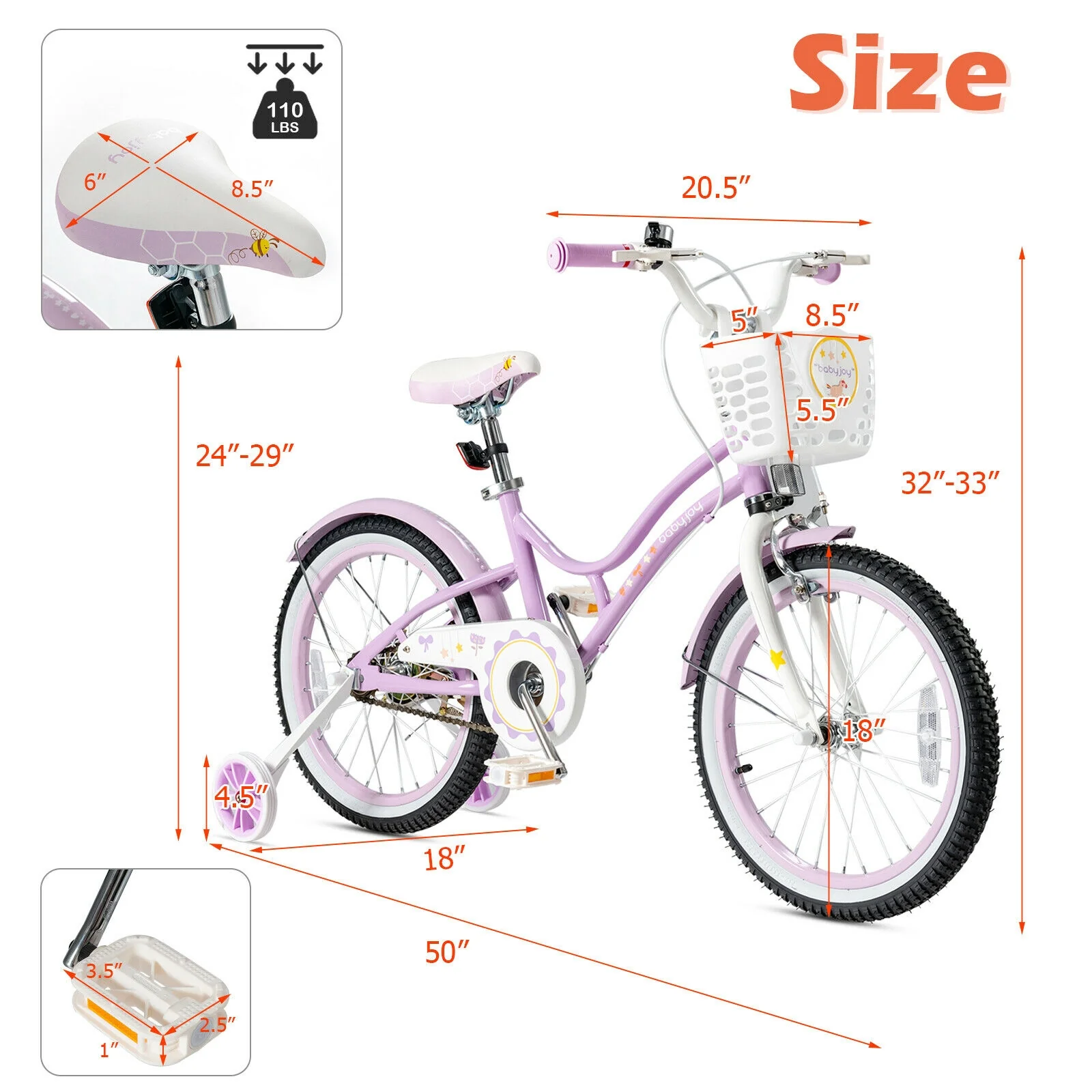 18 Inch Kids Adjustable Bike With Training Wheels, Purple - Image 5