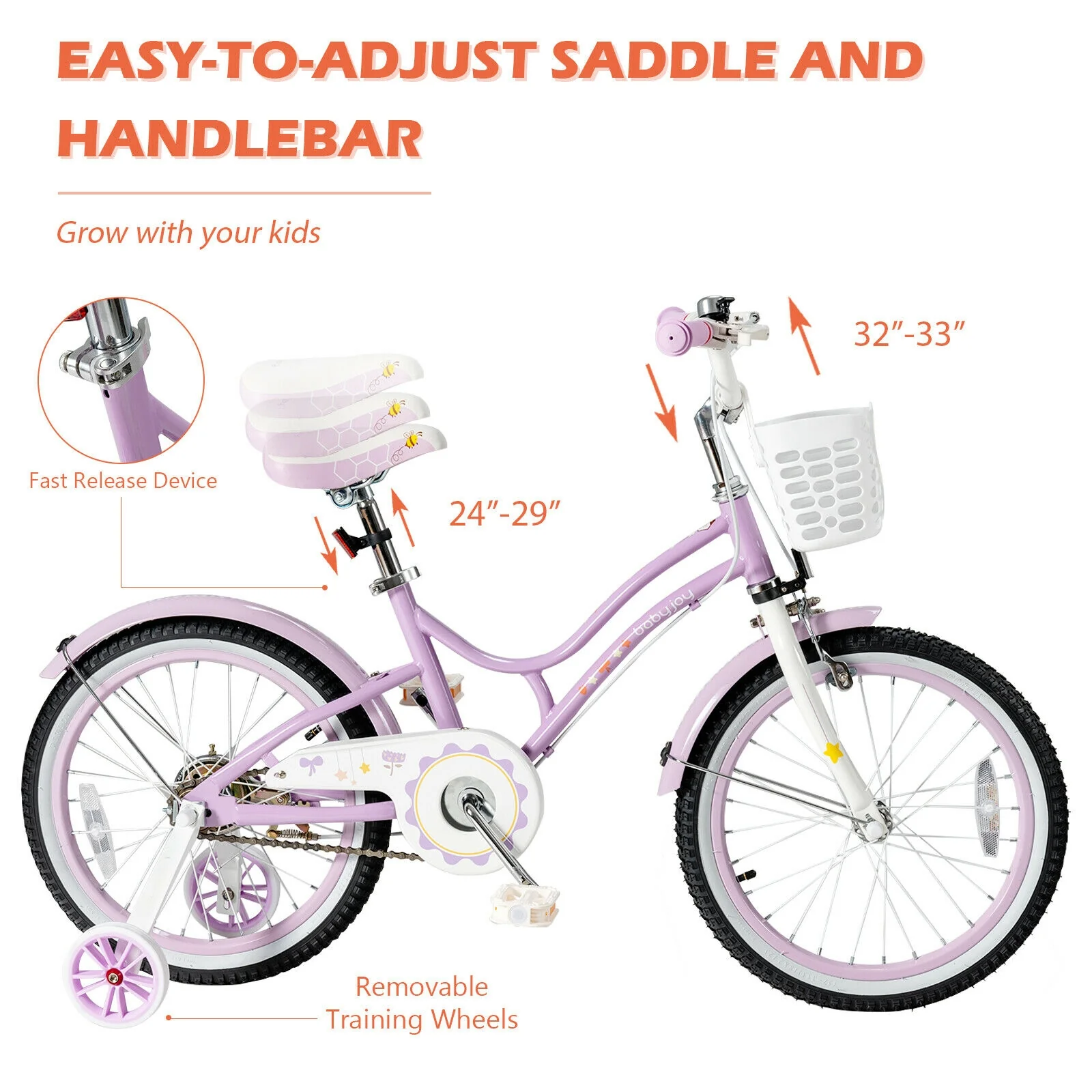 18 Inch Kids Adjustable Bike With Training Wheels, Purple - Image 8