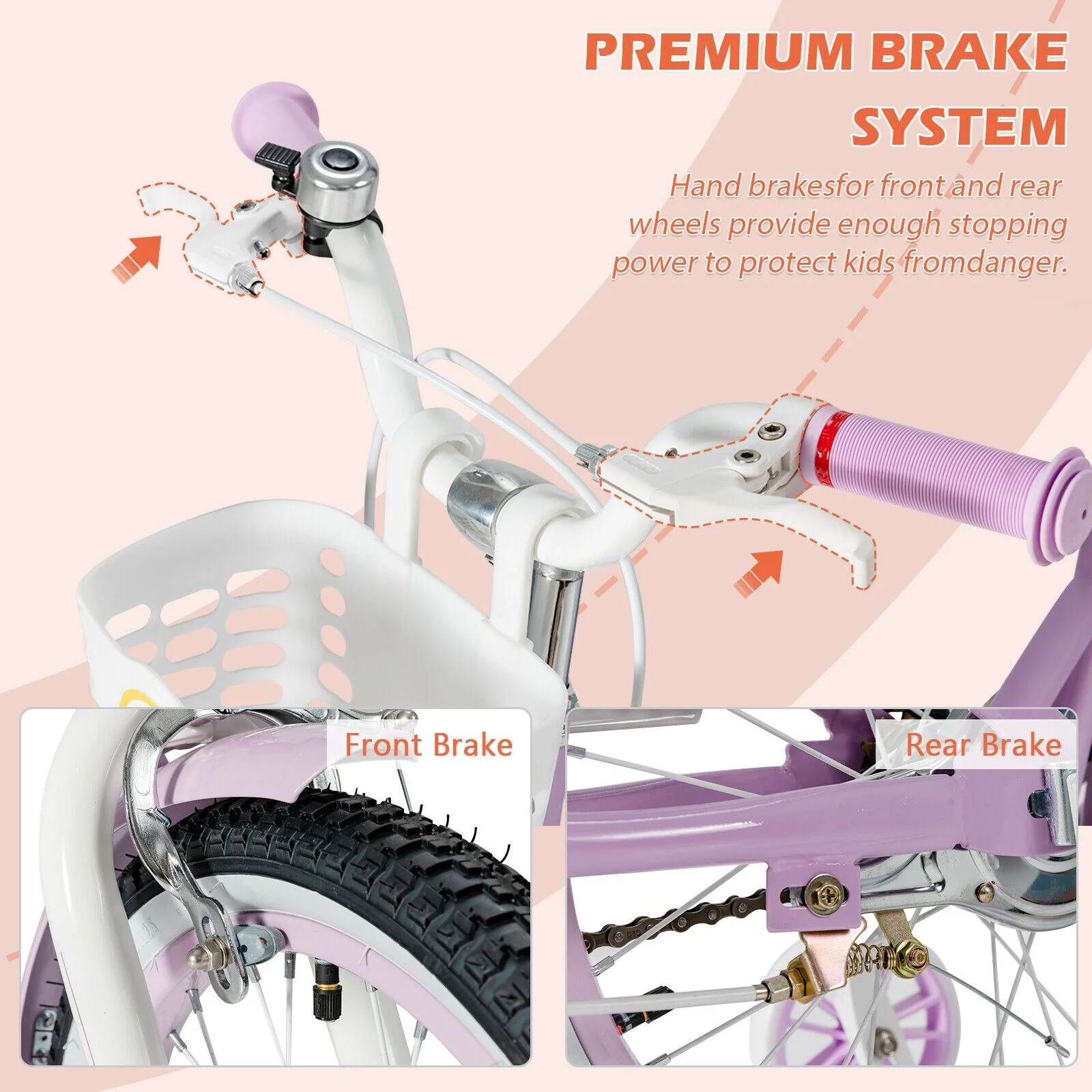 18 Inch Kids Adjustable Bike With Training Wheels, Purple - Image 9