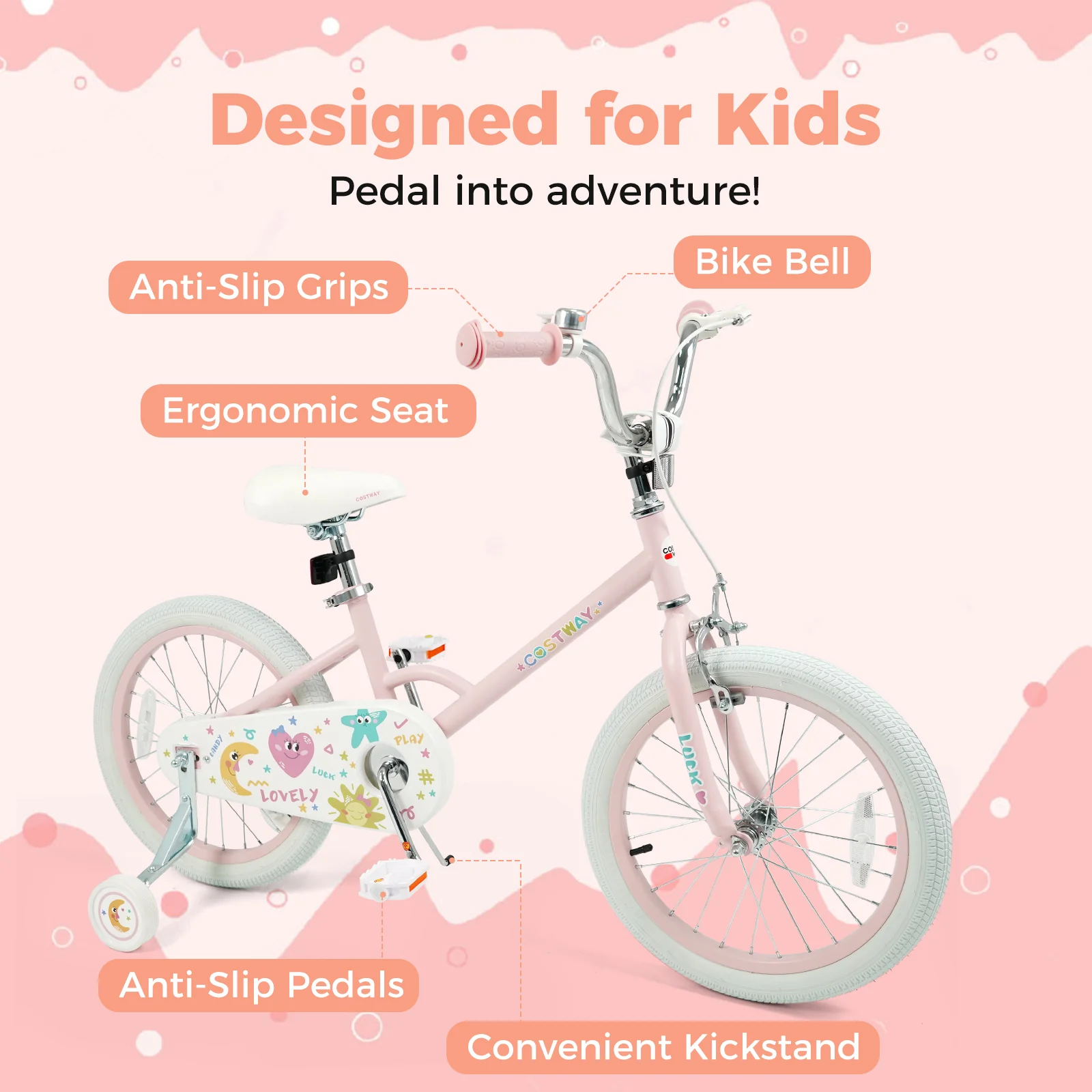 18 Inch Kids Bike Adjustable for 3-8 Years Old Children Pink - Stars & Moon, Pink - Image 6