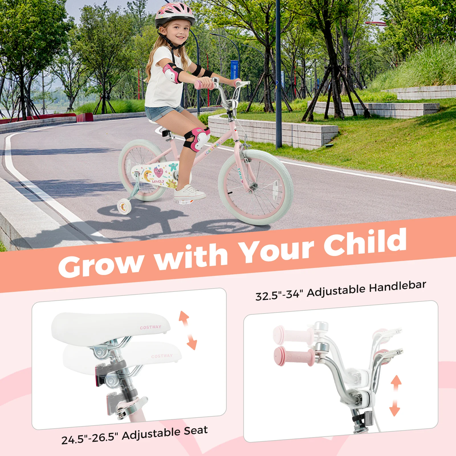 18 Inch Kids Bike Adjustable for 3-8 Years Old Children Pink - Stars & Moon, Pink - Image 7