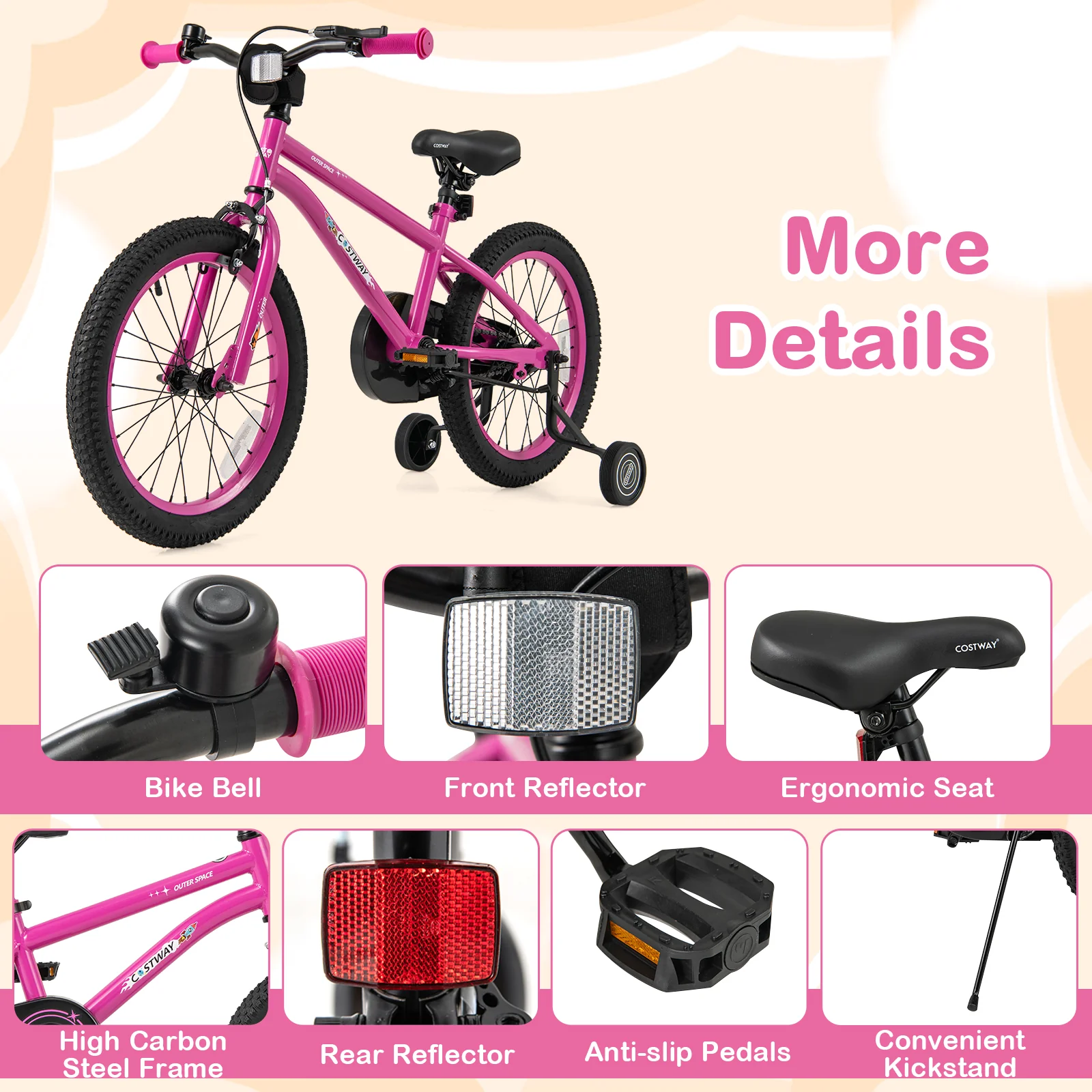 18 Inch Kids Bike, Adjustable For 4-8 Years With Training Wheels, Pink - Image 10